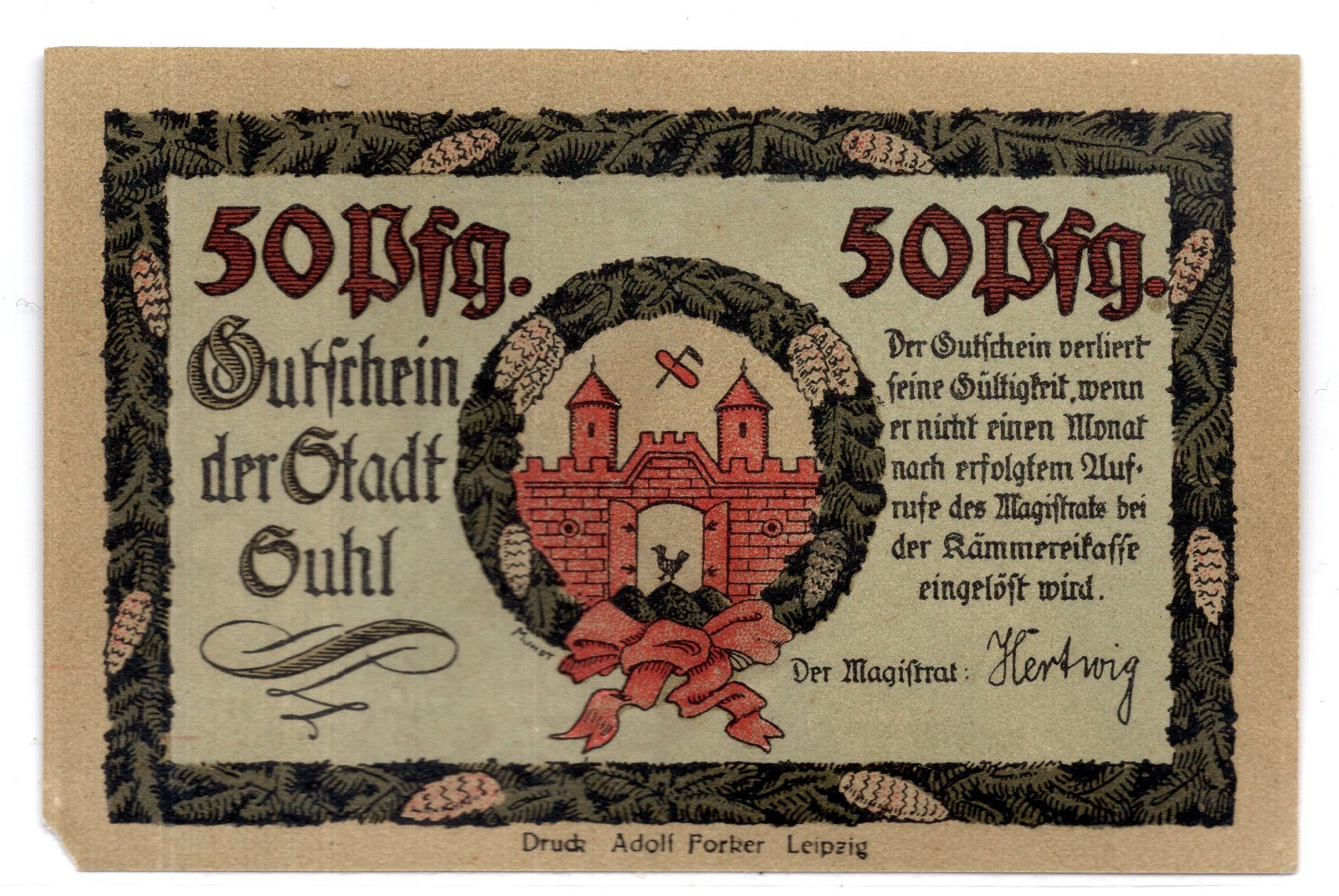 1922 Germany Suhl Notgeld 50 Pfennig Note (3514)