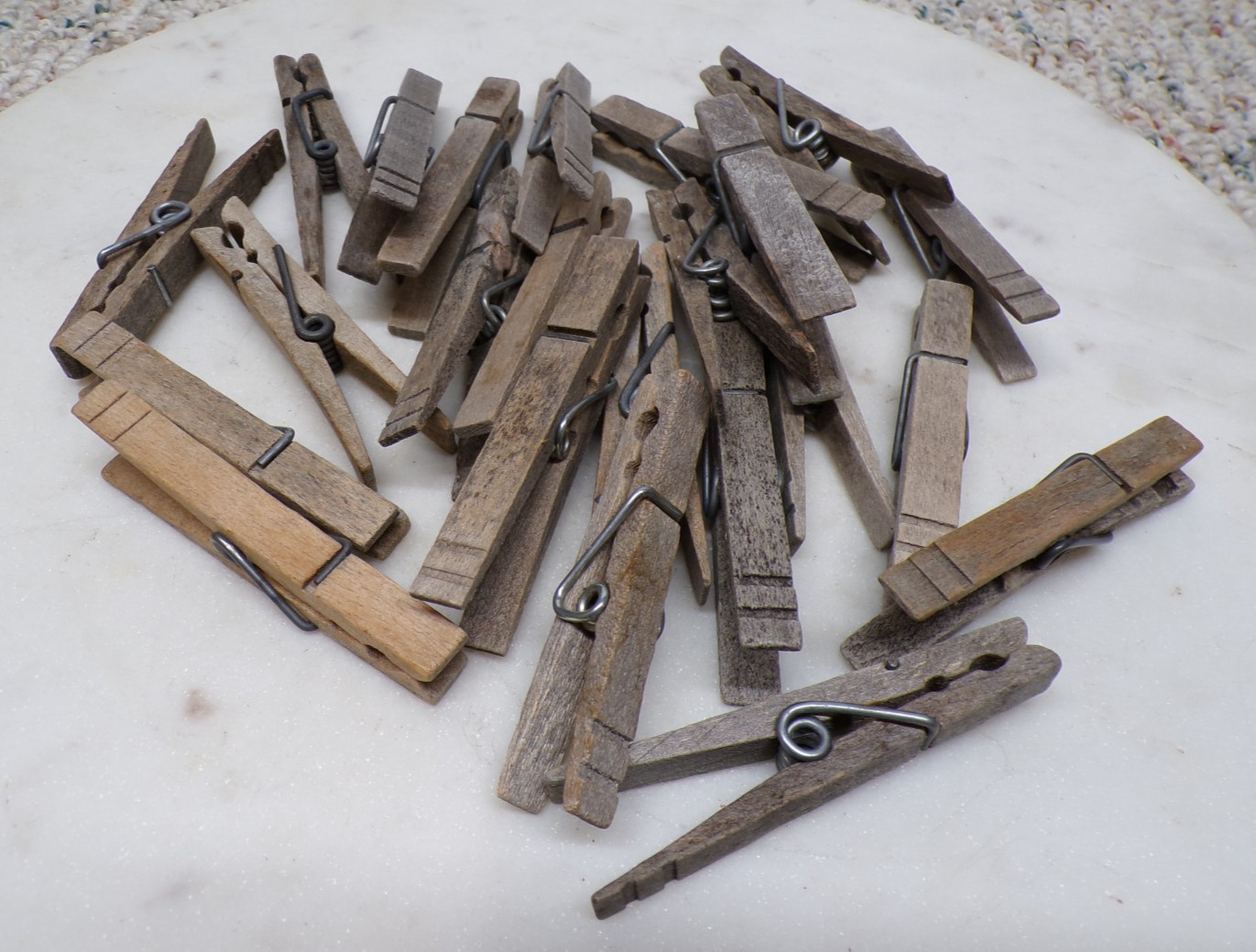 Vintage Wood Squeeze Metal Hinge Laundry Clothespins To Use Or Crafts MCM  - A