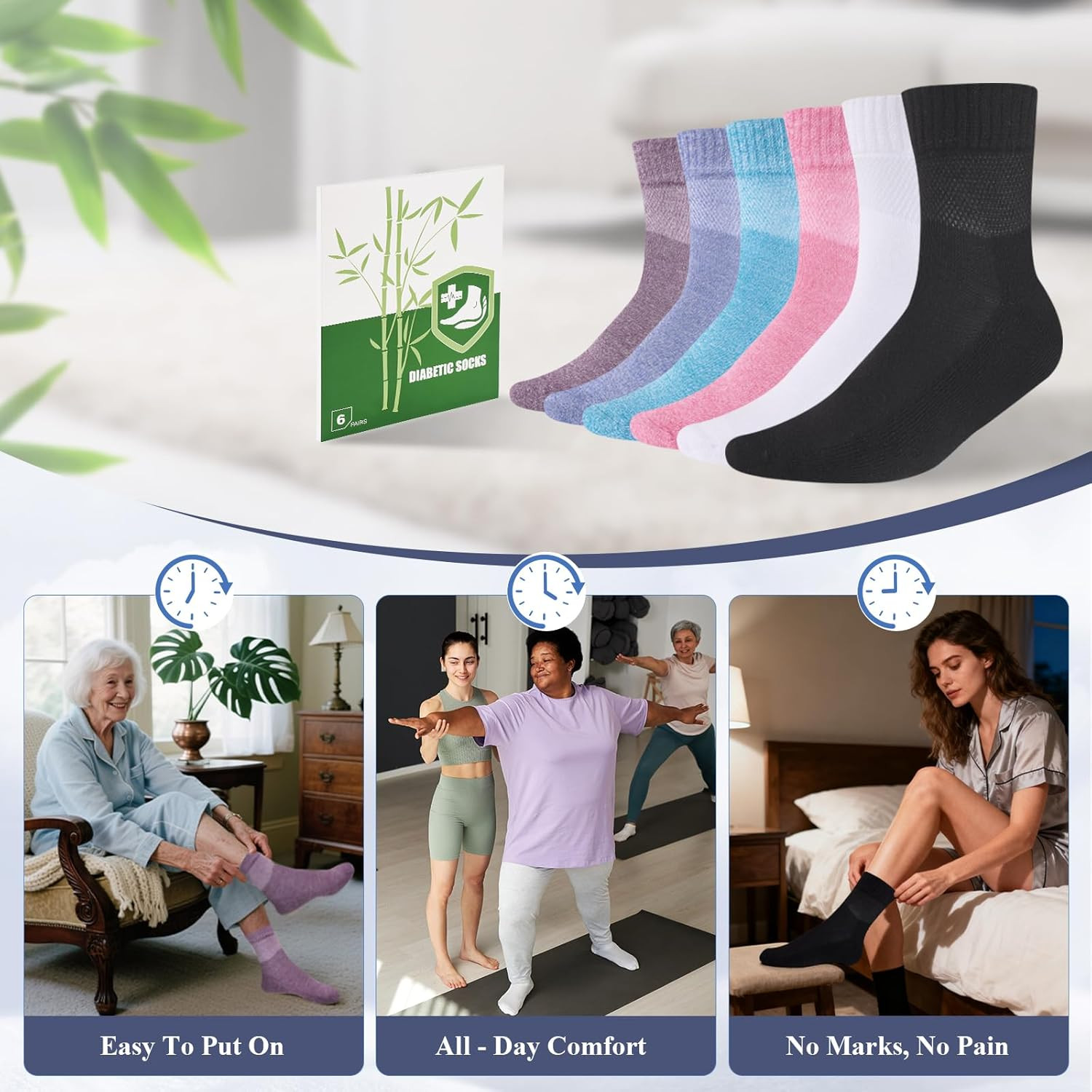 Bamboo Viscose Diabetic Socks for Women, 6 Pairs Non Binding Wide Top, Seamless