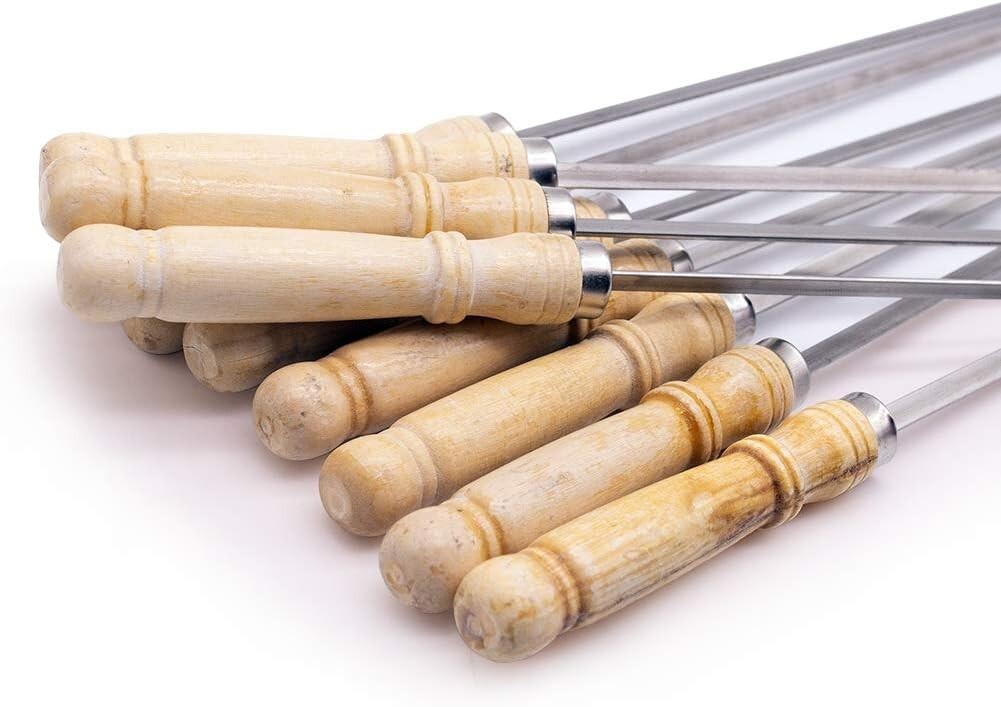 16" Stainless Steel Shish Kebab Skewers Bbq Wood Handle Heat Resistant 10 Pcs