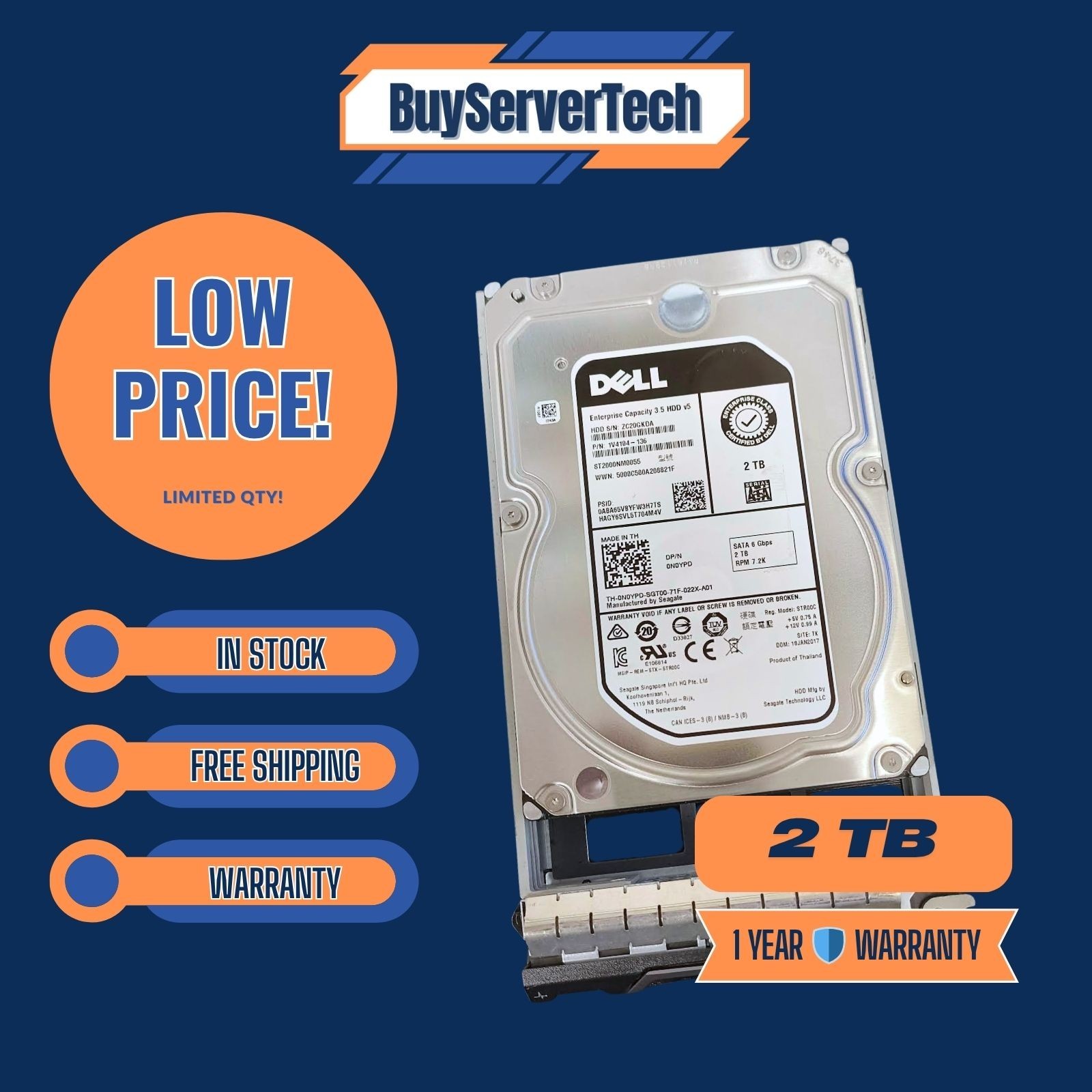 N0YPD Dell SATA  2TB 3.5' 7.2K RPM Cache 128MB 6GB/s