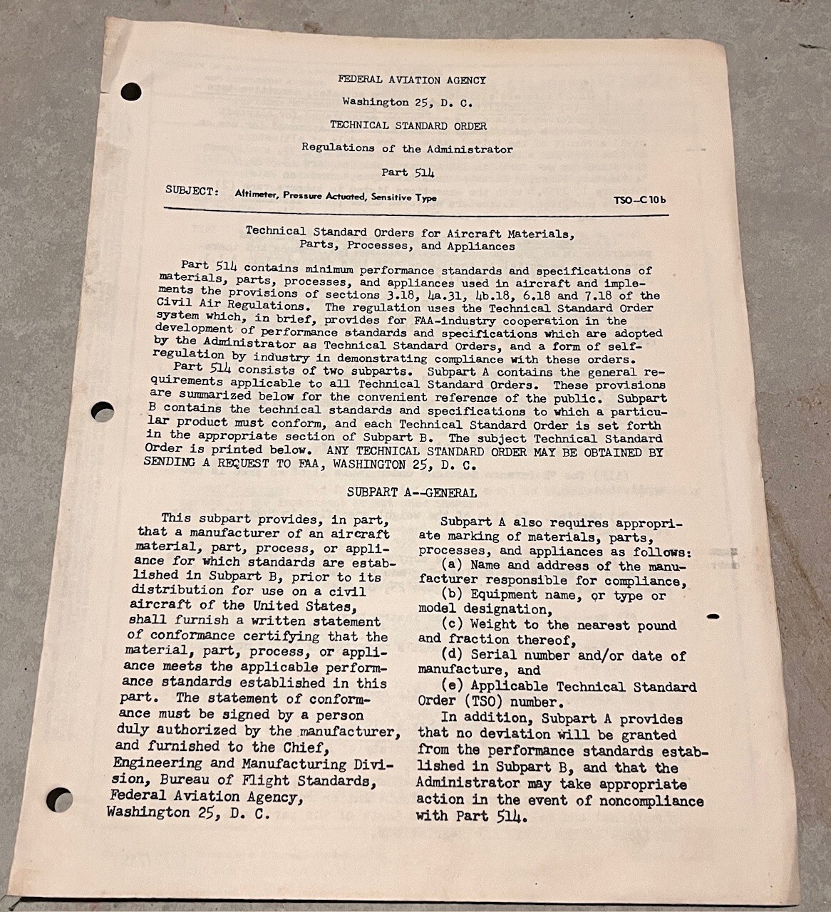 FAA Technical Standard Order Part 514 Altimeter Sensitive Type TSO-C10b - 1959