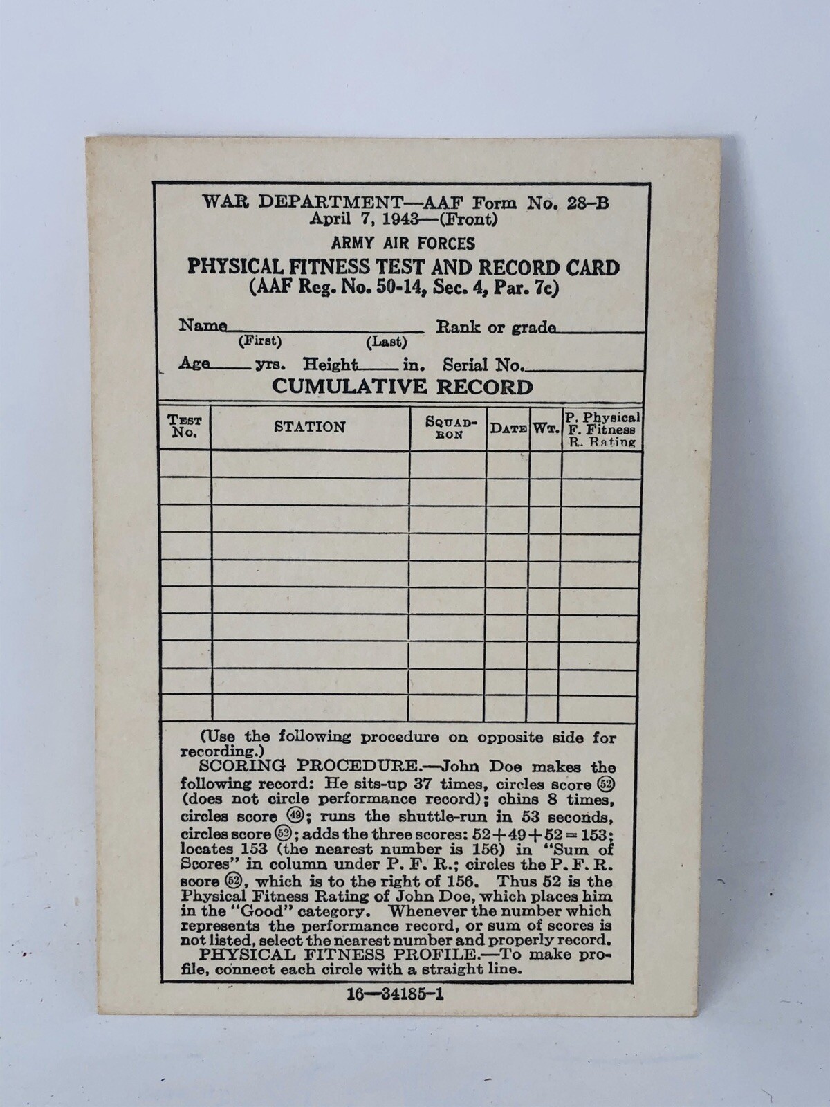 Rare Vintage WWII Physical Fitness Test Record Sheet Card War Department 28-B