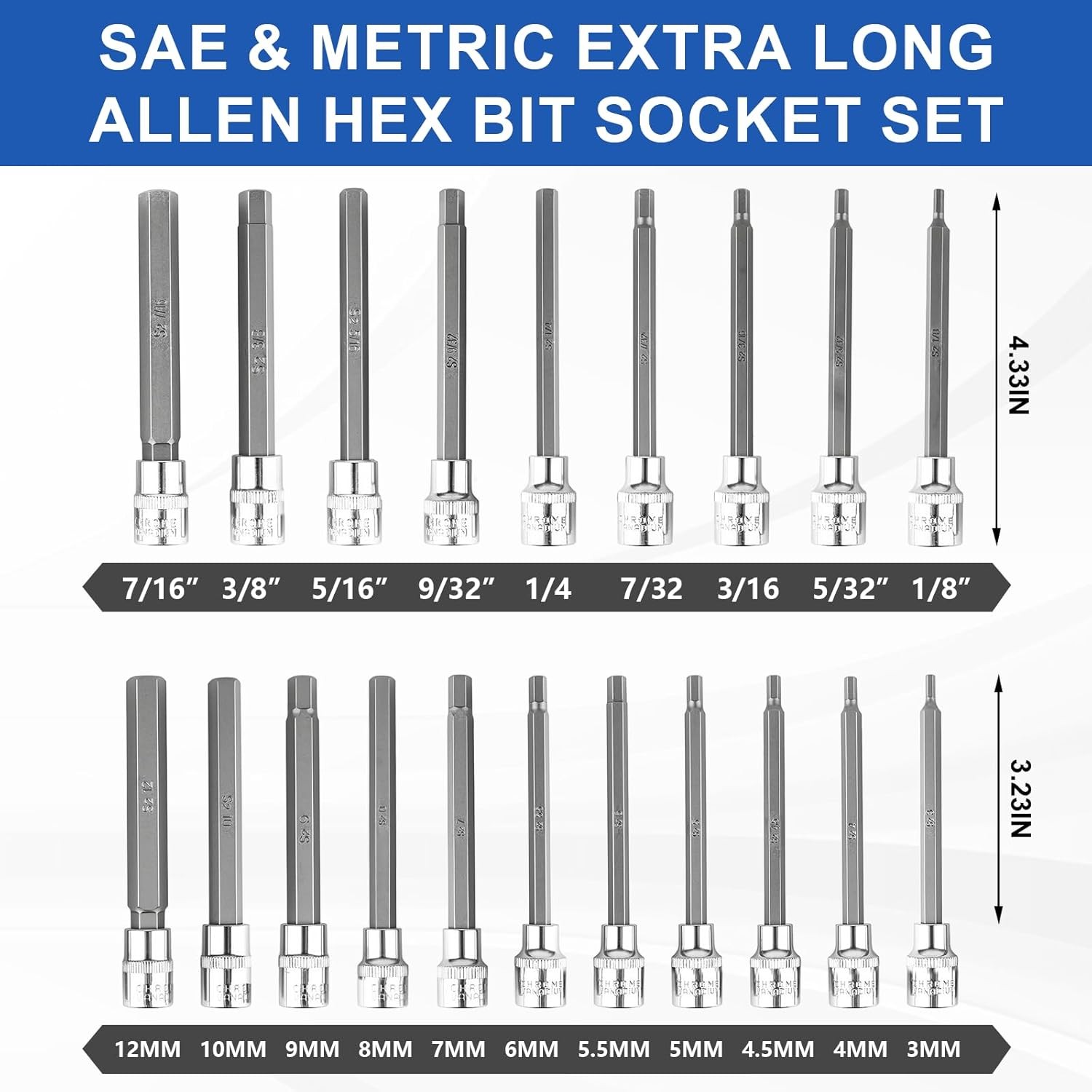 20 PCS Extra-Long Allen Hex Bit Socket Set 3/8 Inch Drive Allen Socket Set SAE