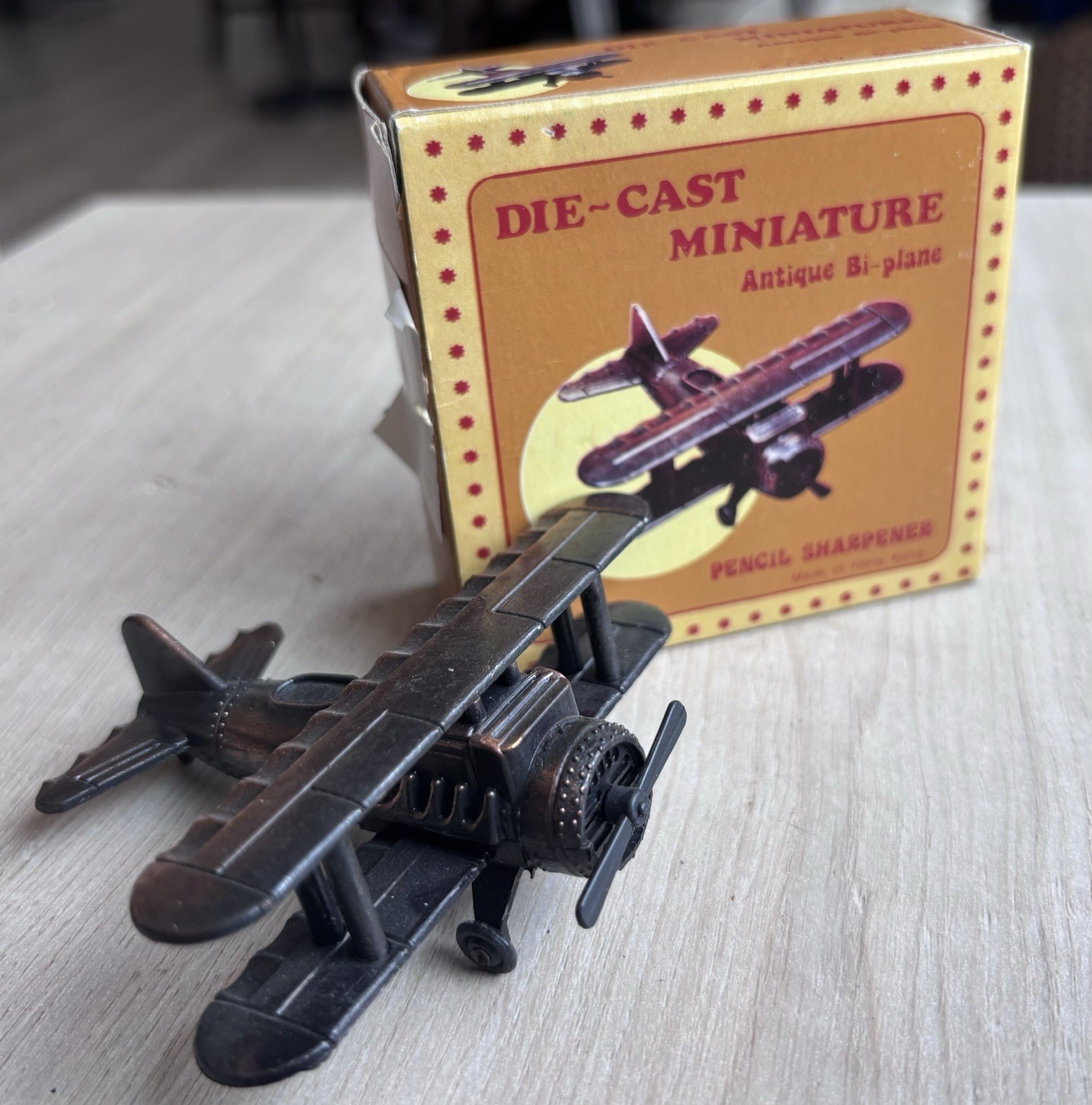 Vintage Die Cast Antique Biplane Pencil Sharpener w/ Box Hong Kong Style 4096
