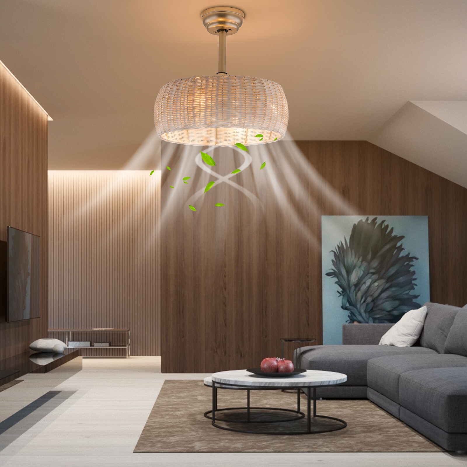 Natural&Gold 40W Rattan Caged Flush Mount Ceiling Fans W/ Lights& Remote Control