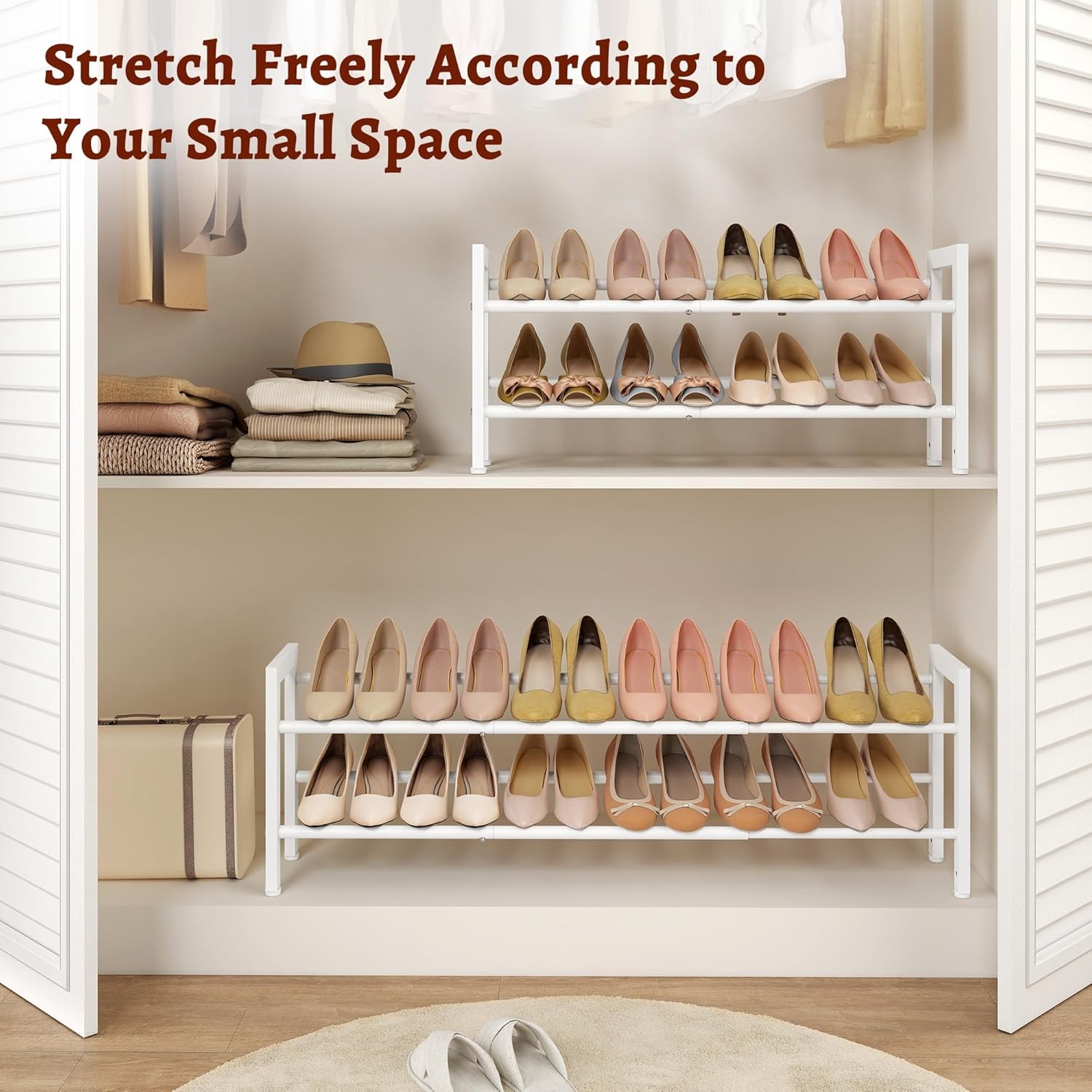 2-Tier Expandable Shoe Rack, Adjustable Shoe Shelf Storage Organizer Space