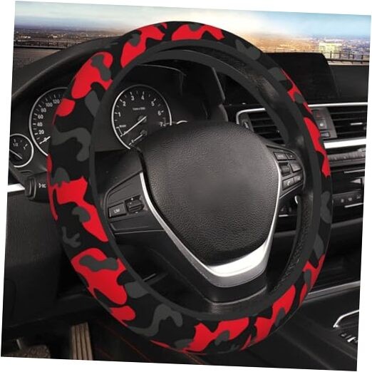 Red and Black Camo Camouflage Cool Pattern Steering Wheel Cover for Women Men 3