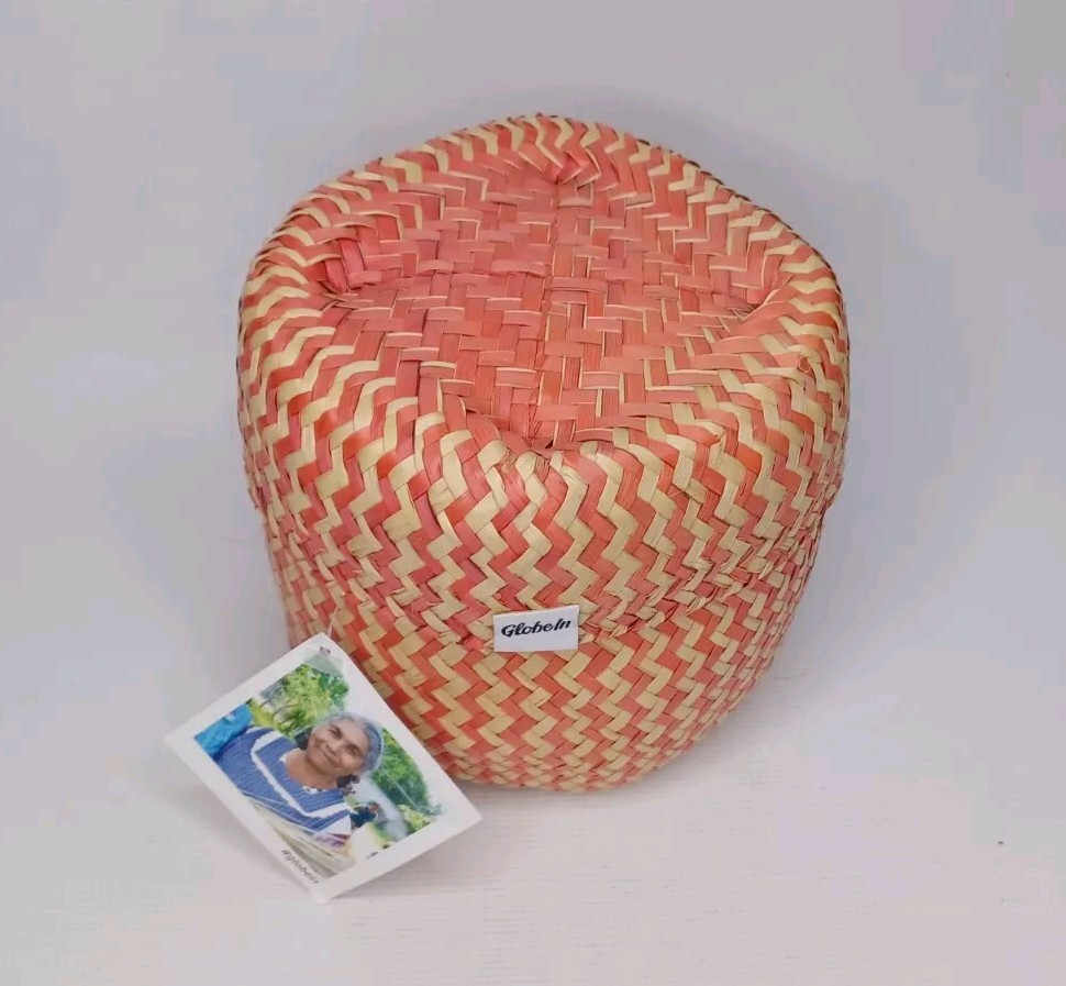 Globe In Handcrafted Woven Palm Leaf Basket With Lid