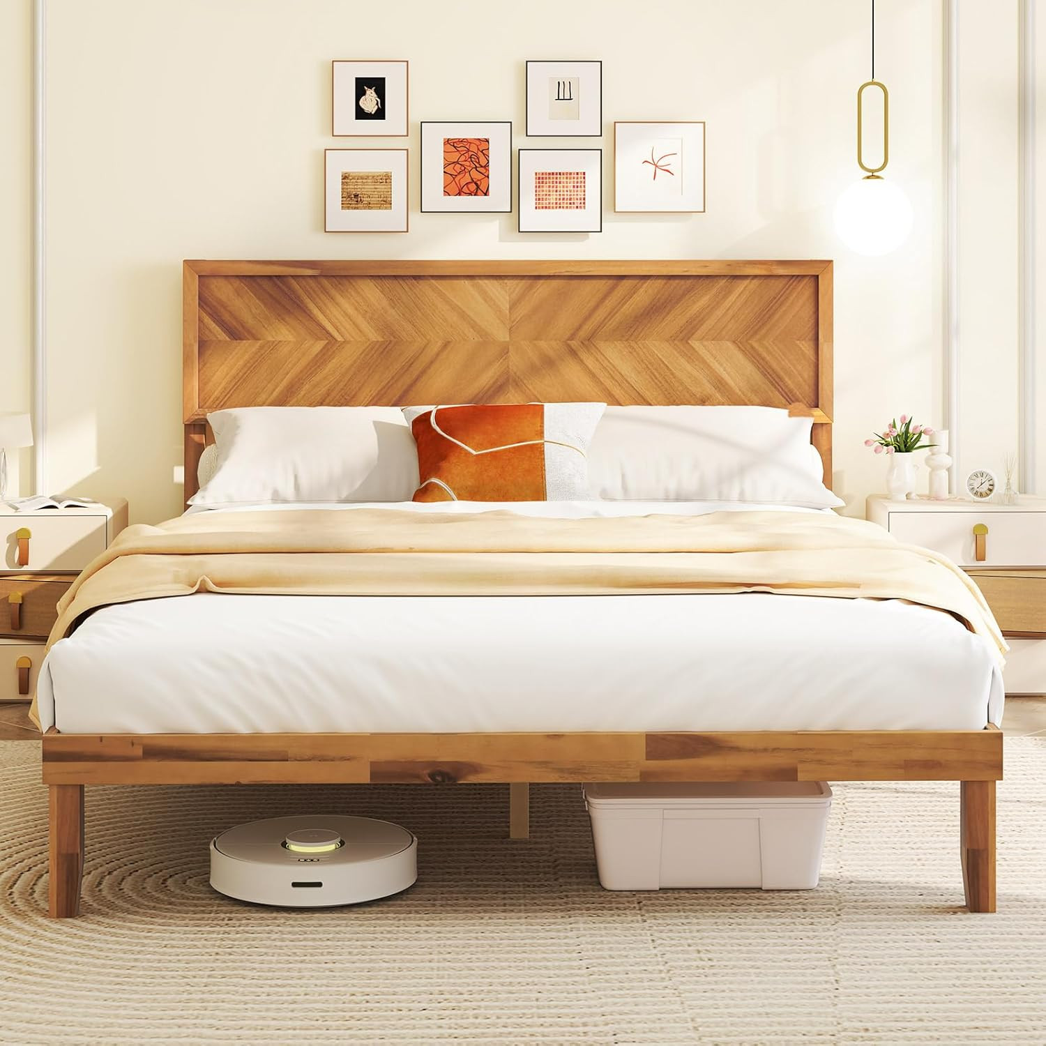Wood Queen Bed Frame with Headboard, Solid Acacia Wood Platform Bed with 12 Stro