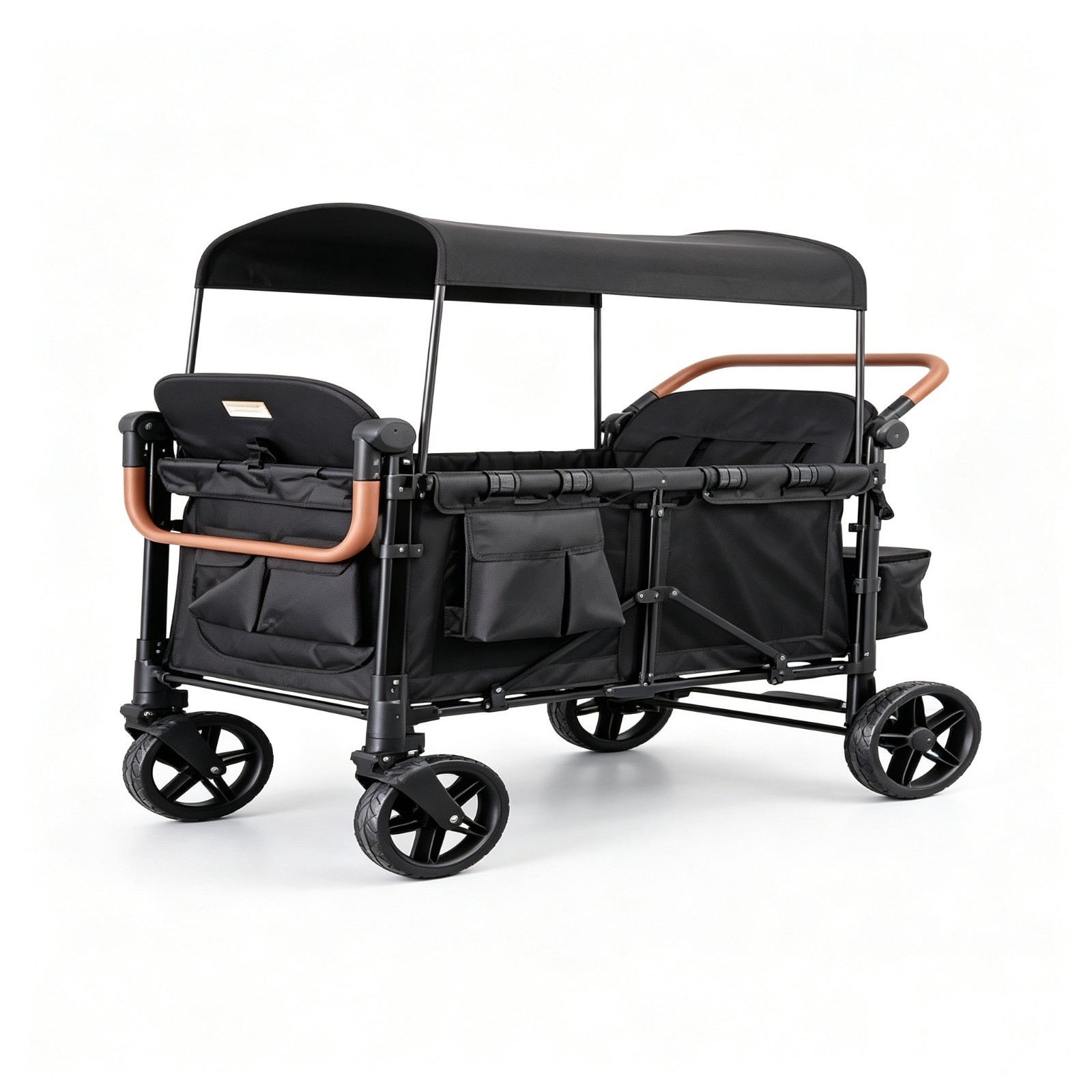 Wagon Stroller w/ Canopy, 4 seater Push Pull Quad Collapsible Stroller Black