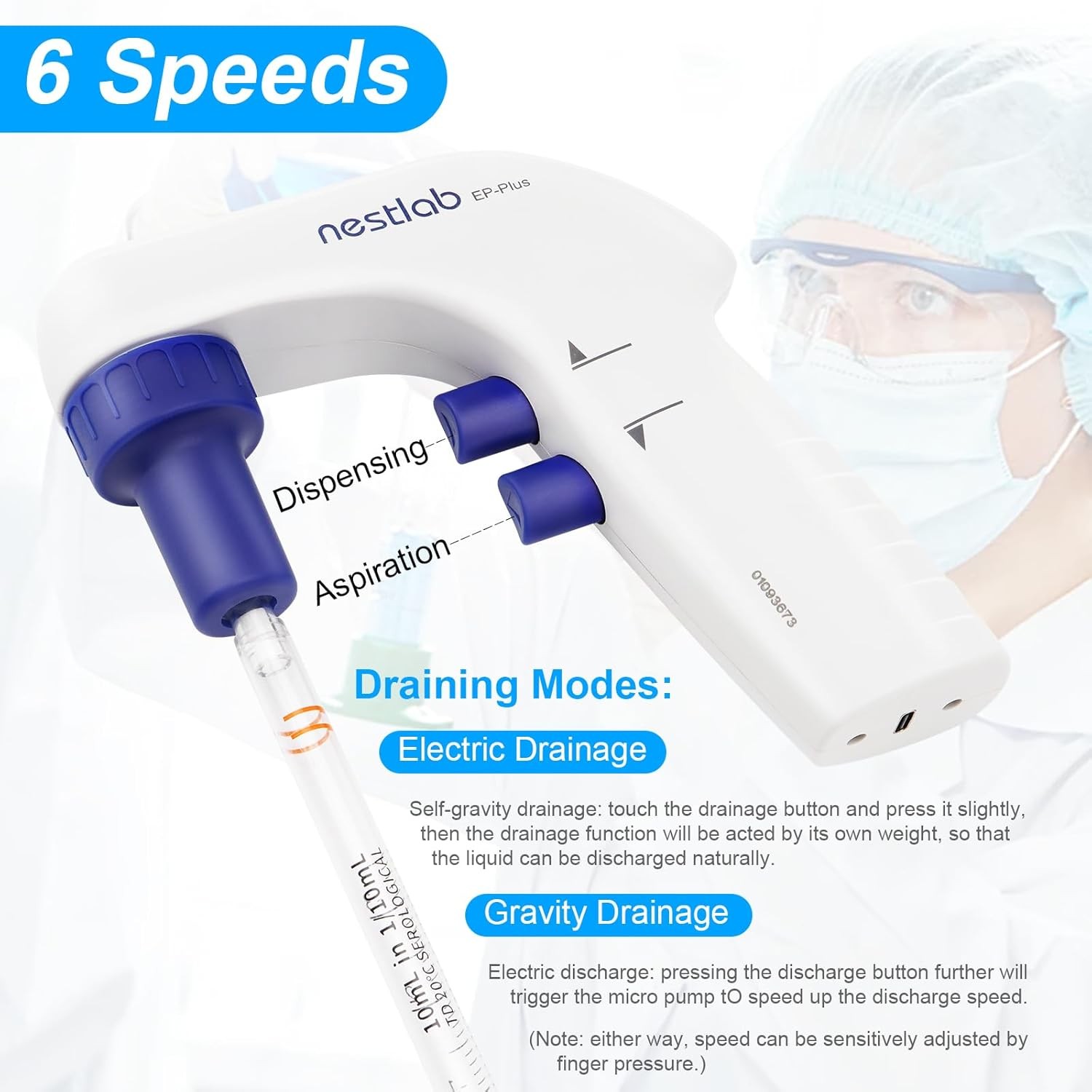 0.1-100ml Lab Electric Pipette Gun Controller Electronic Pipettor 6 Adjustable