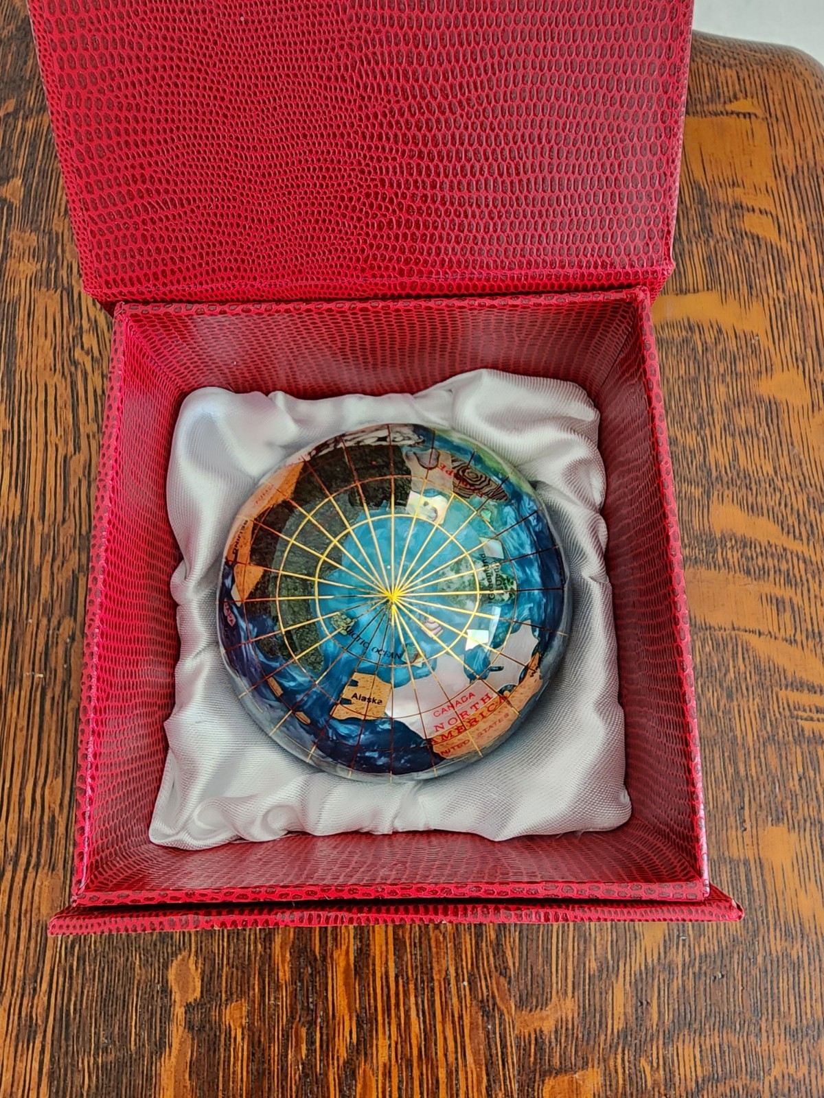 Handcrafted Gemstone Globe Paperweight in Decorative Red Box
