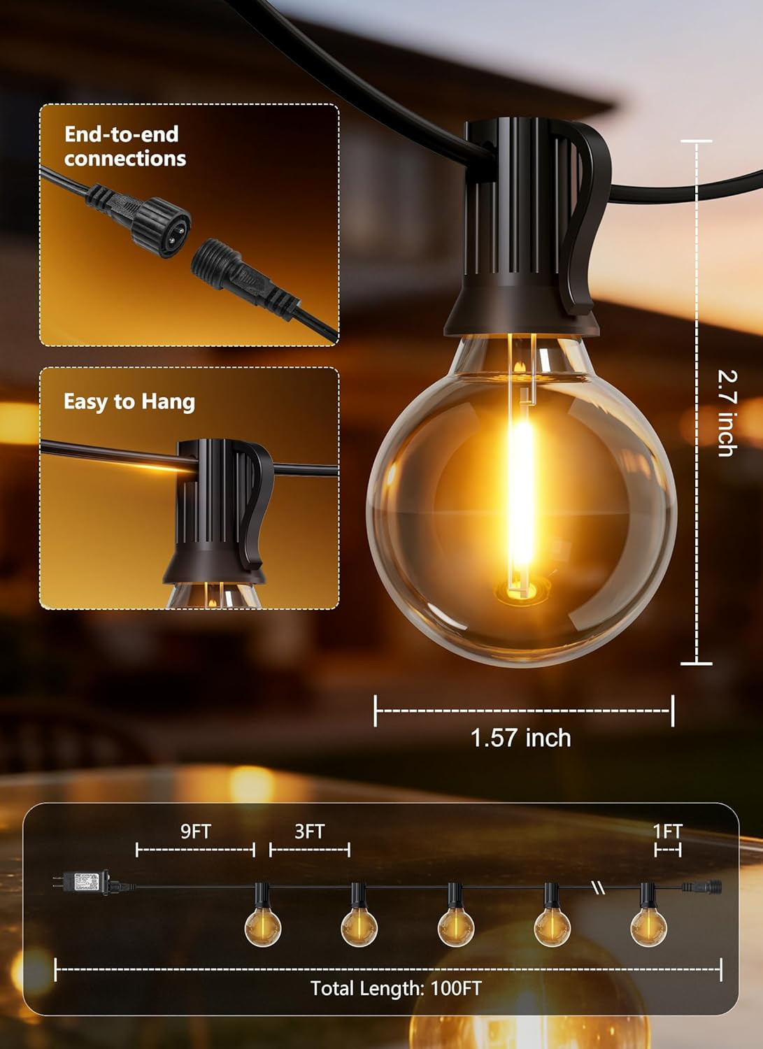Outdoor String Lights with Remote, 100Ft Outside Waterproof Light with Dimmable