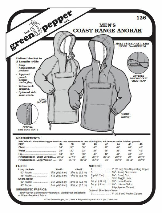Men's Coast Range Anorak Jacket Coat #126 Sewing Pattern (Pattern Only) gp126