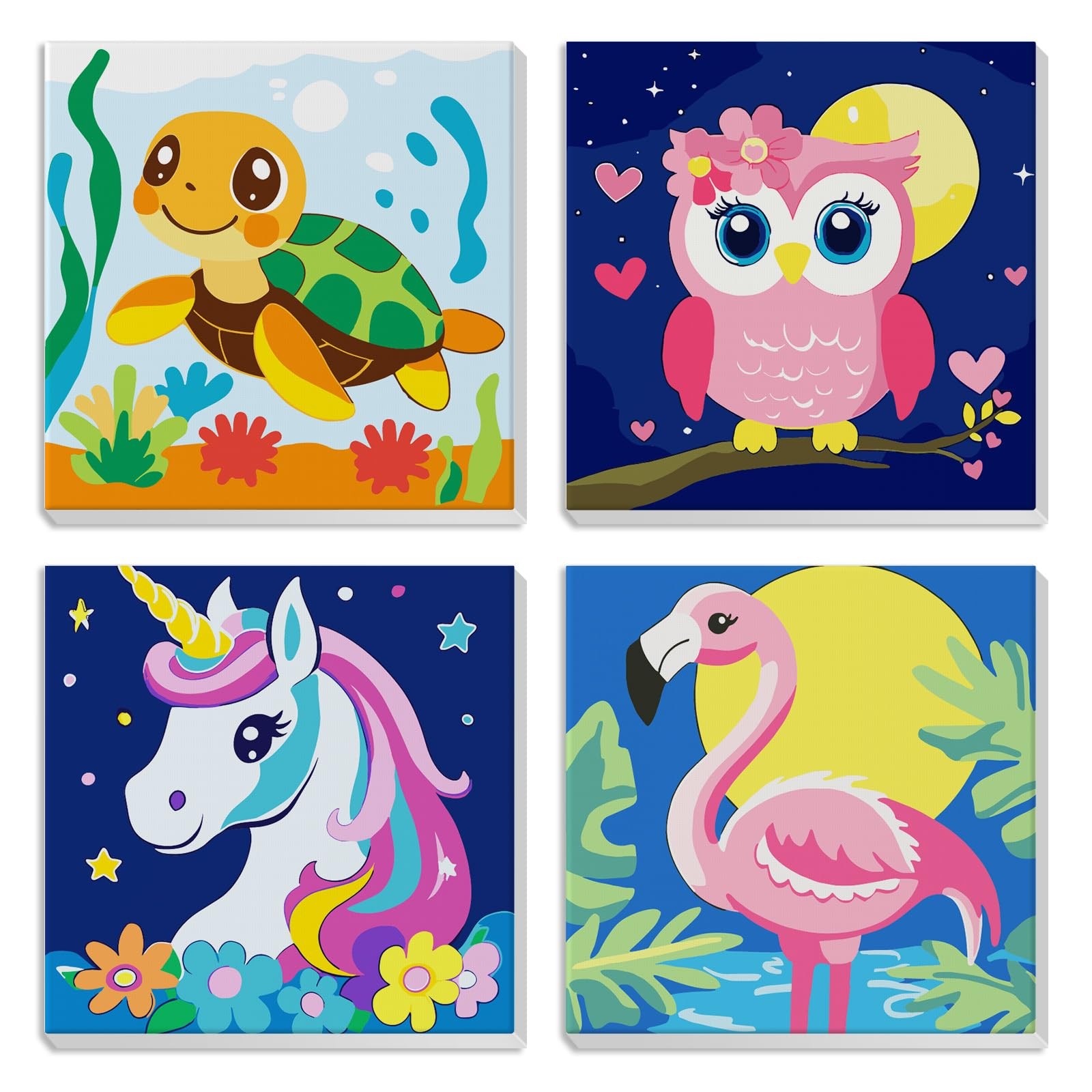 MXJSUA Framed 4 Pack Cute Animals Paint by Numbers Kit, 8x8 inches, Animal-C
