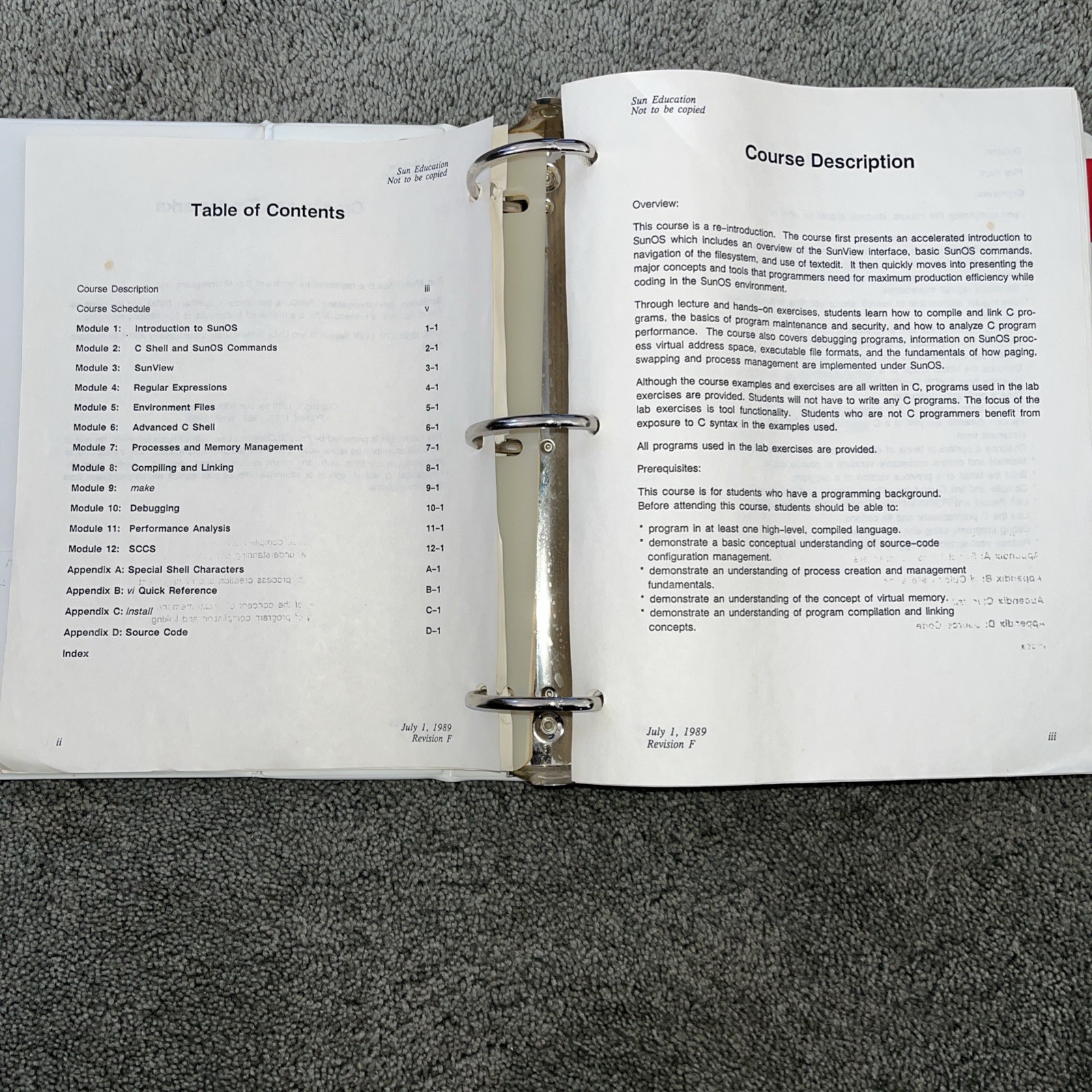 VTG 1989 SUN Microsystems SunOS Education Course For Programmers, Student Guide