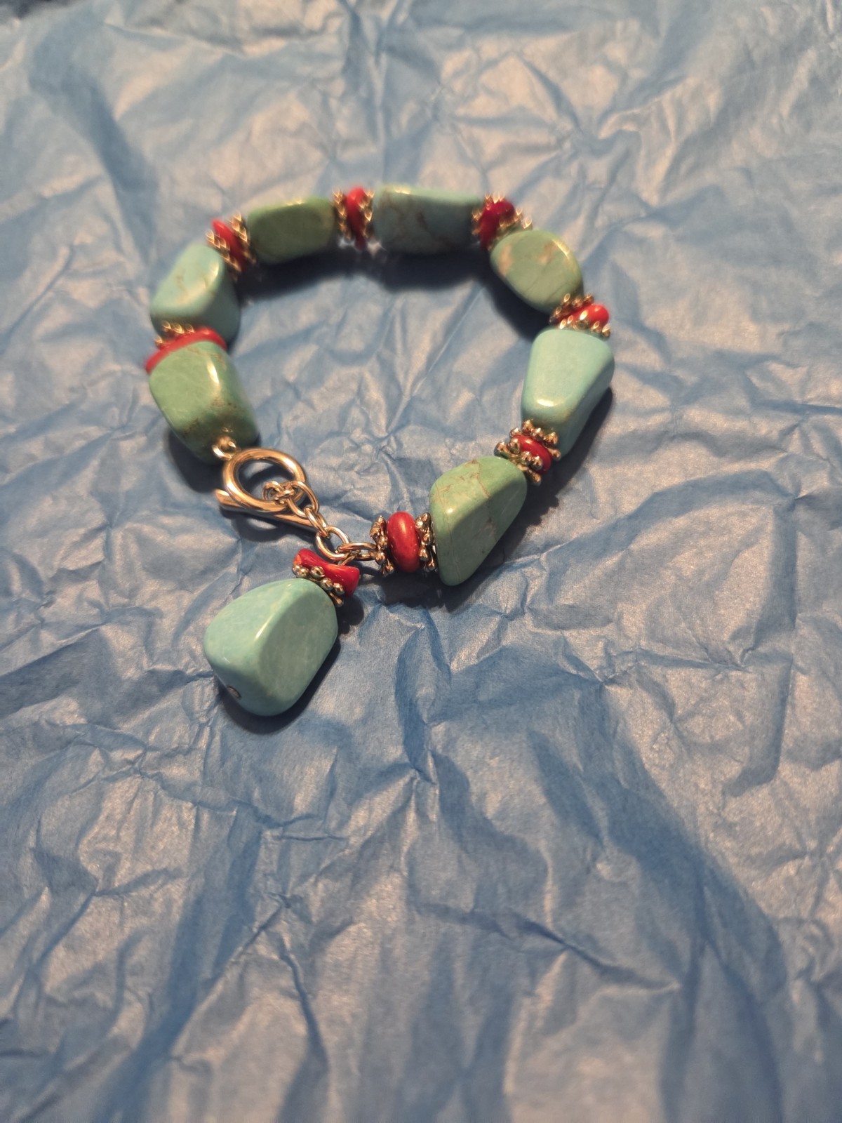 Beautiful Handmade Turquoise & Coral Stretch 7inch Bracelet