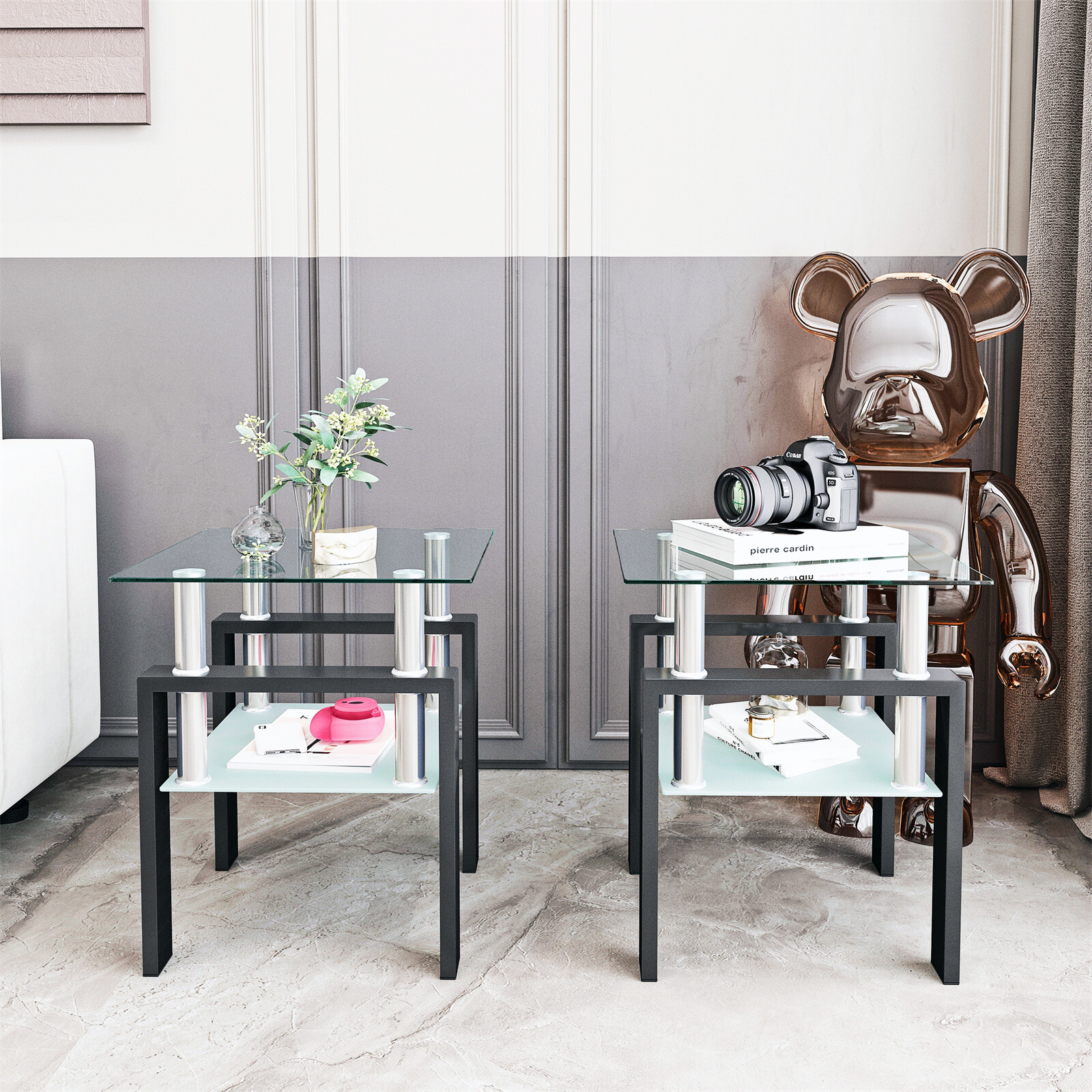 Modern Tempered Glass Set of 2 Coffee Table Tea Table Square Table End Table