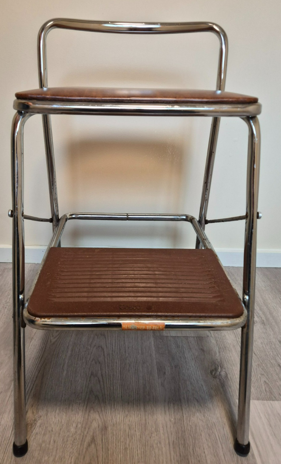 Vintage Mid Century Cosco Folding Brown Metal Step Stool Pantry Kitchen