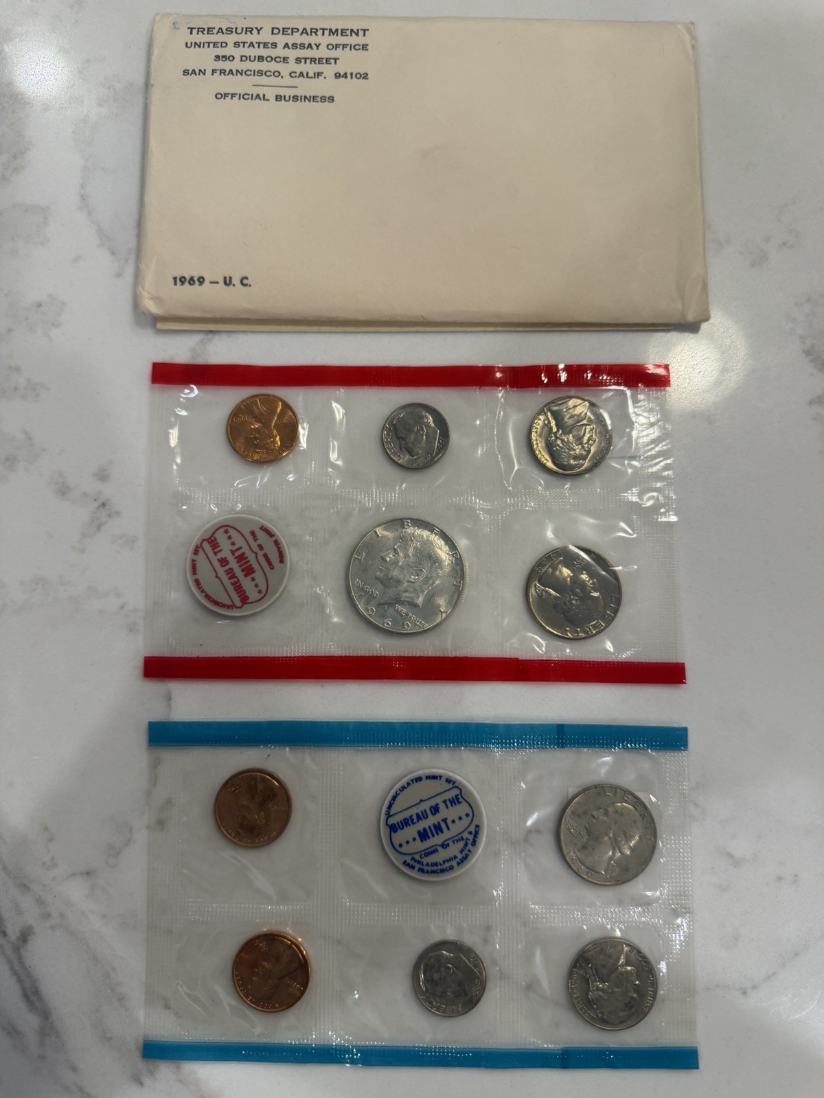 1969 United States US Mint Set OGP Envelope 40% Silver Kennedy Half P & D