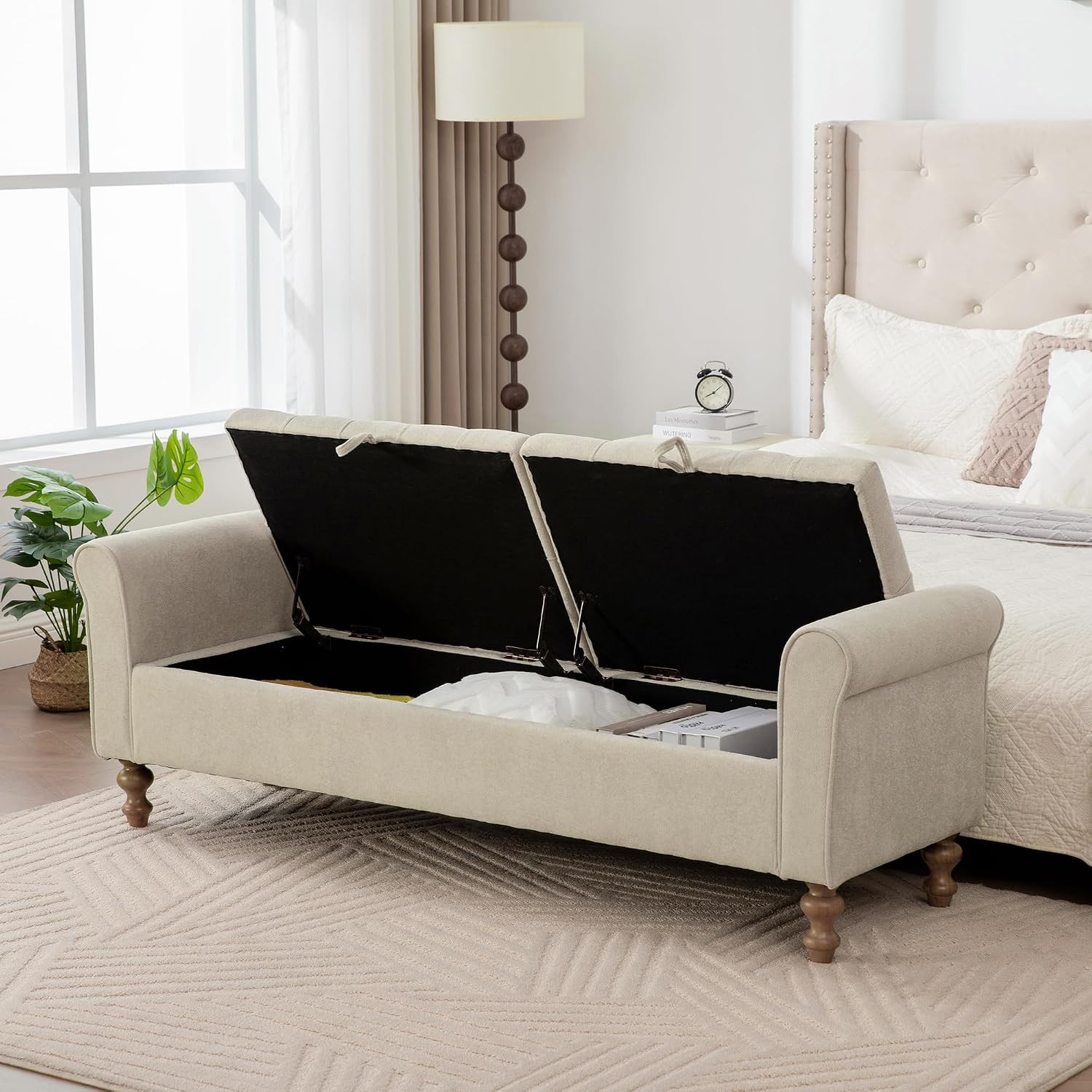 65.7" Modern Upholstered Storage Bench with Double Lids, Ottoman with Storage, O