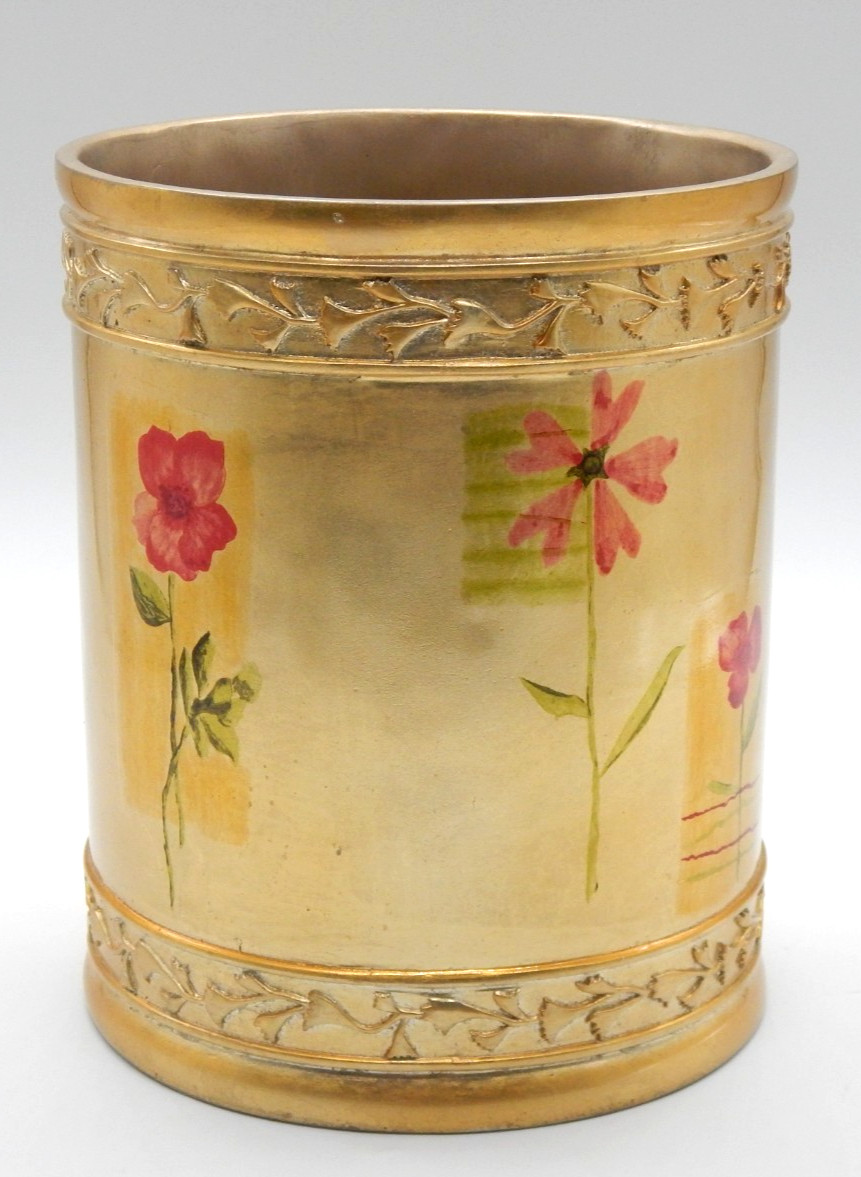 Gold Decoupage Ornate Brushed Style Elegant Floral Heavy Waste Basket Beautiful