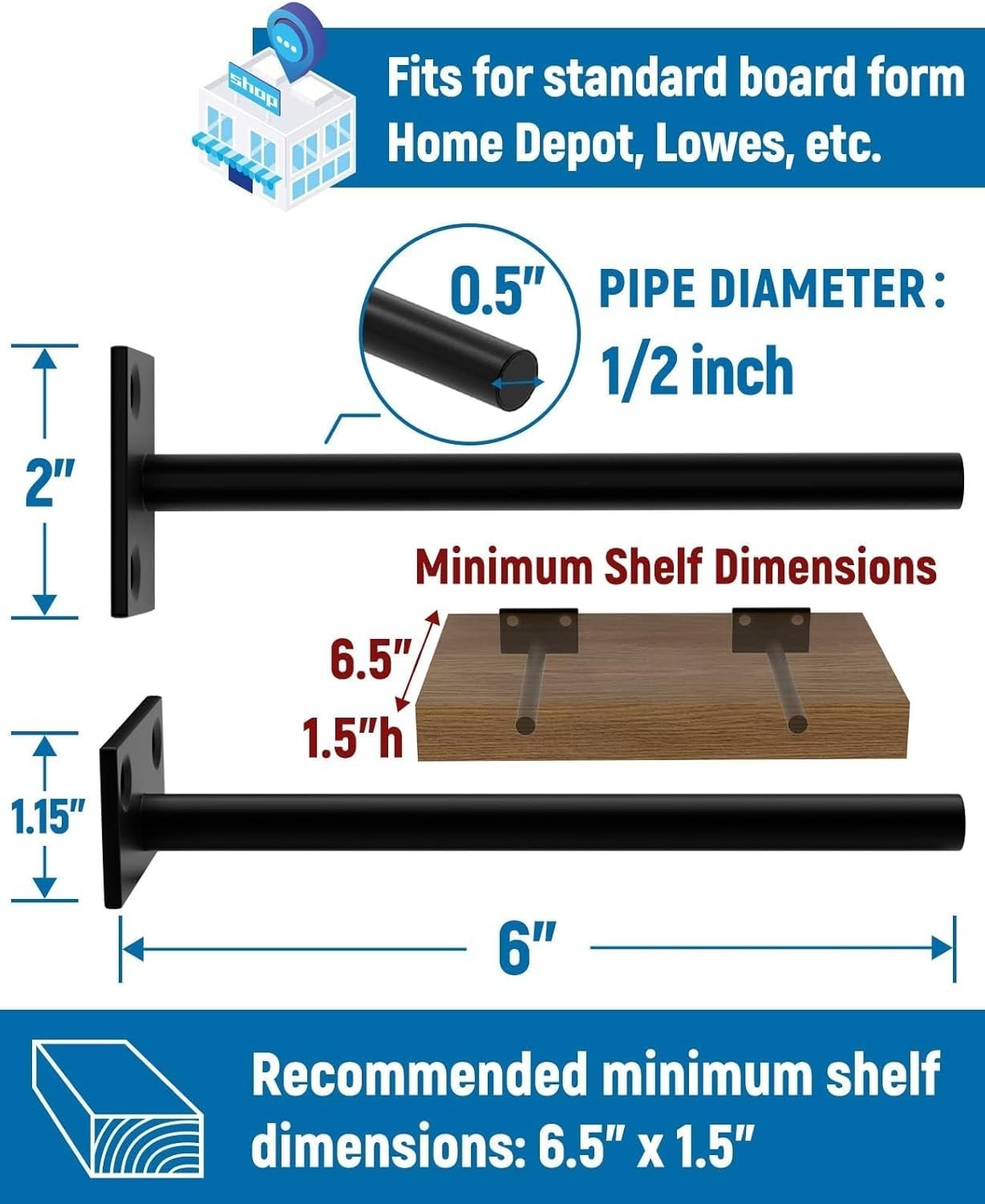 12-Pack 6-Inch Black Floating Shelf Brackets - Concealed Wall Mount Design