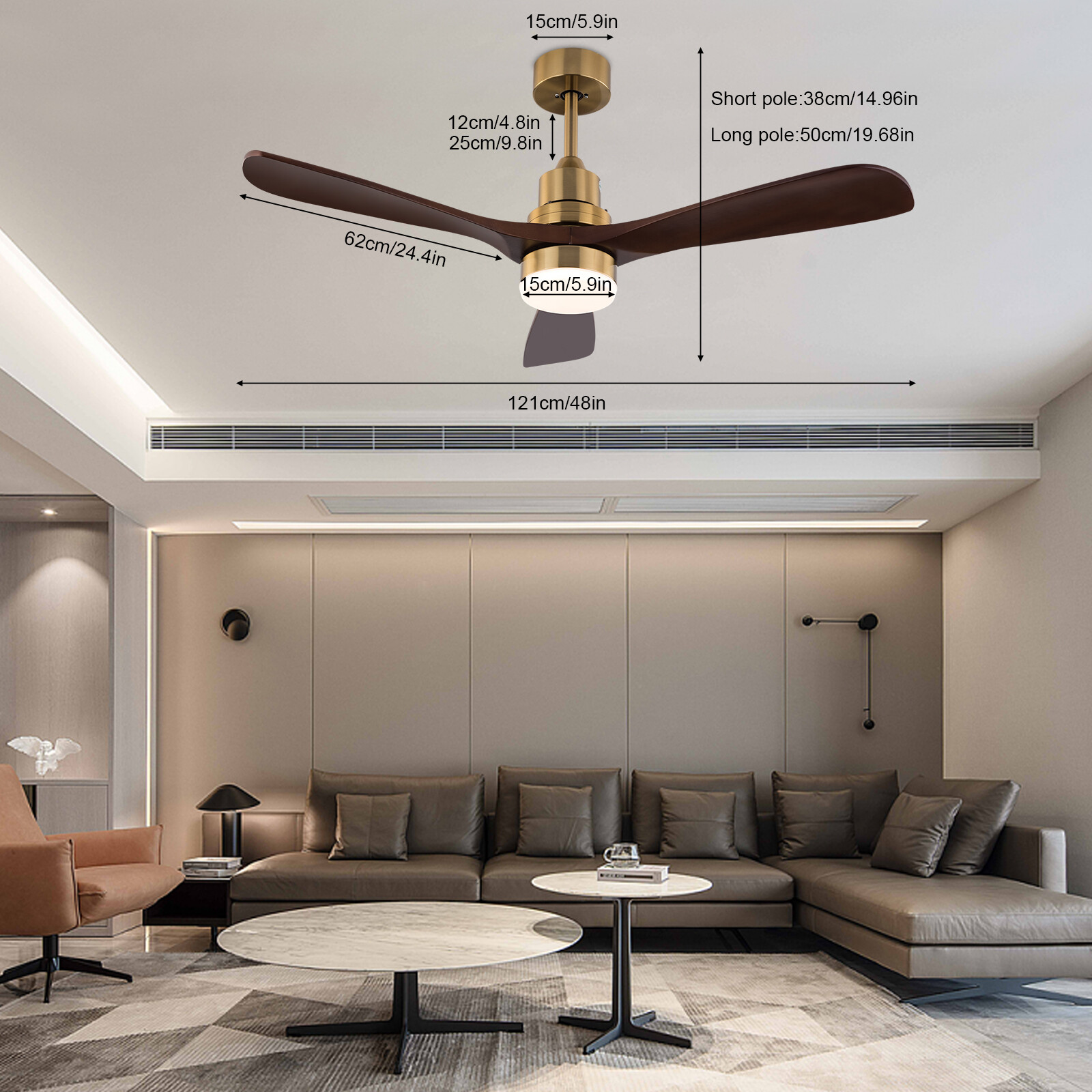 48 Inch 3 Colors LED Ceiling Fan Light w/ Remote Control Fan Light Timer 40W