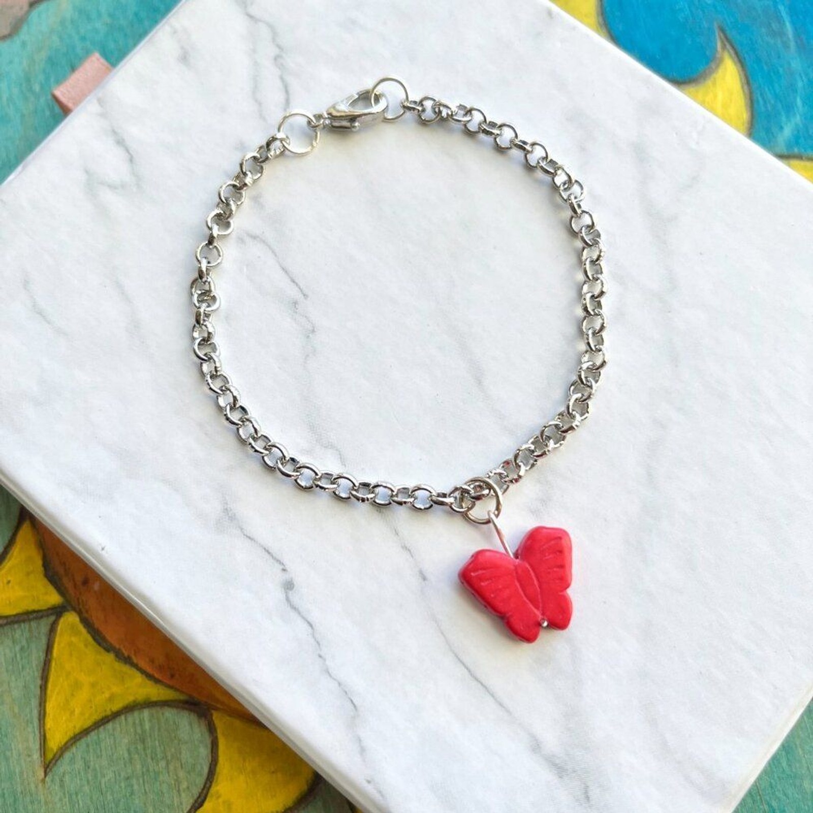Red Butterfly Charm Silver Chain Bracelet