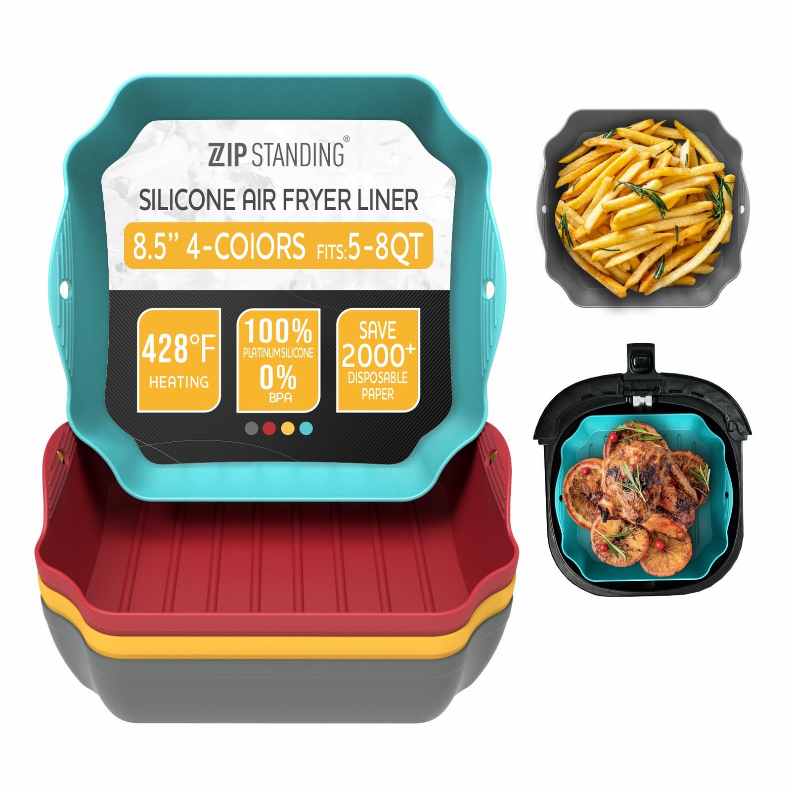Zip Standing Silicone Air Fryer Liners Set Of 4 For 5-8Qt Tray Baking Oven 8.5