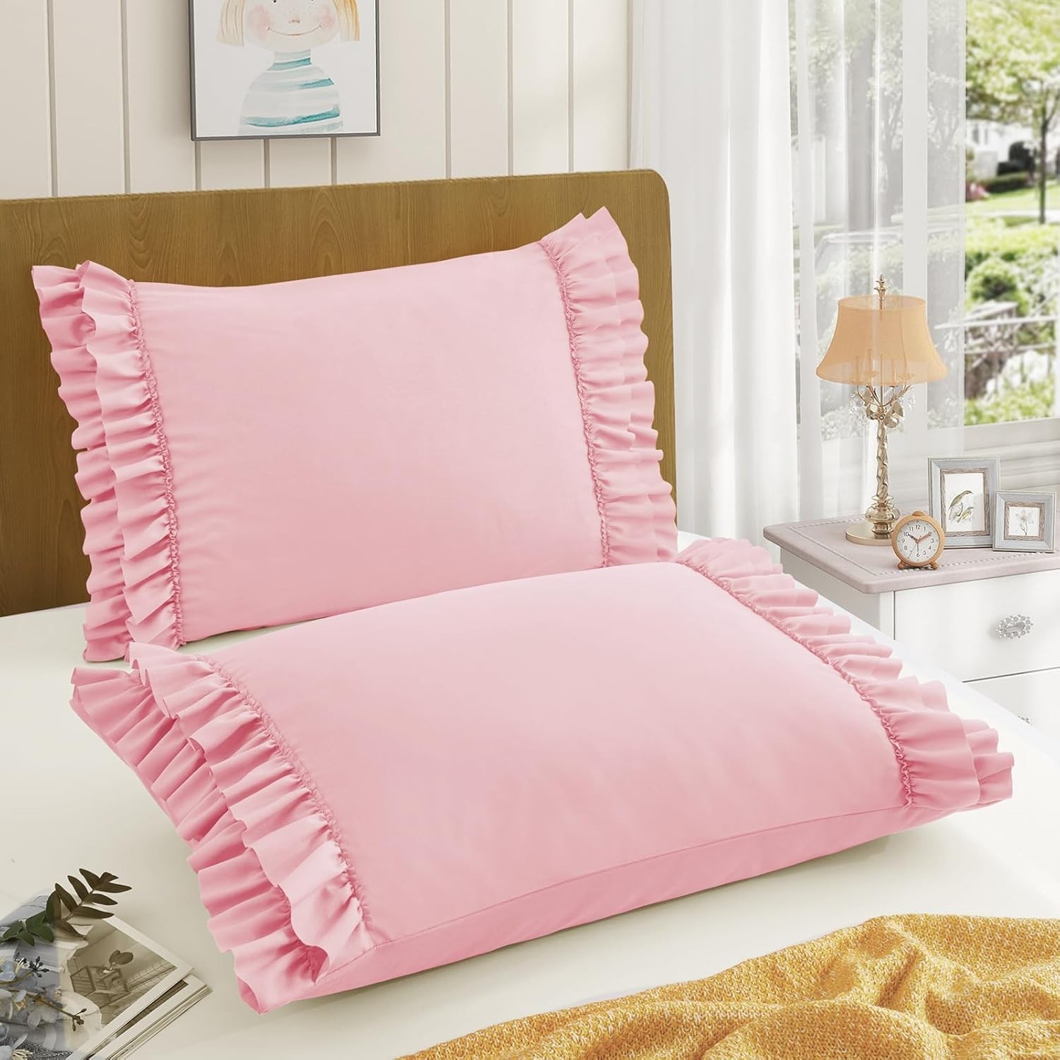 Set of 2 Ruffled Pillowcases 20x26 in Pink Microfiber Decorative Shams