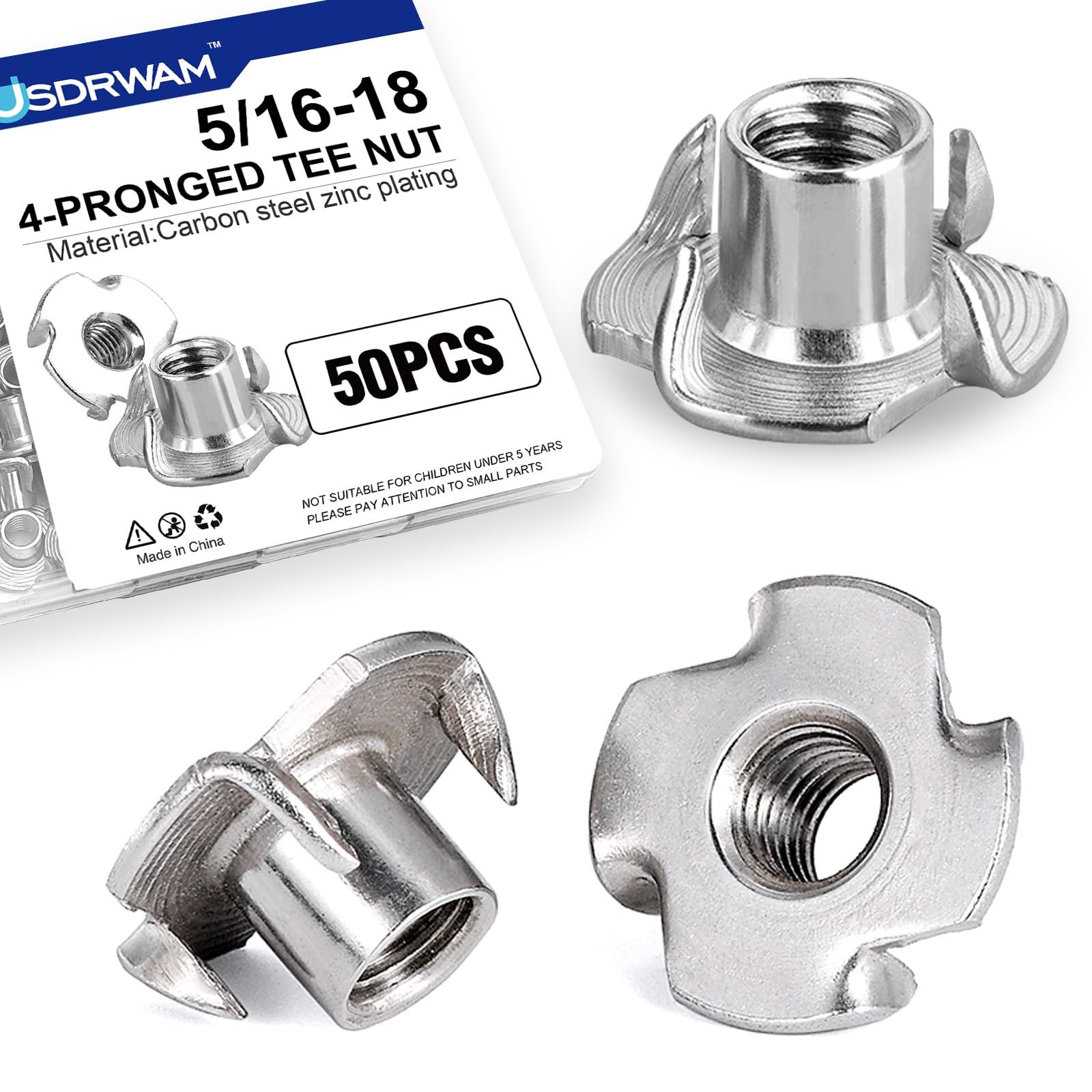 50 Pack 5/16"-18 T Nuts for Wood, Zinc-Plated Carbon Steel 4-Prong Tee Nuts f...