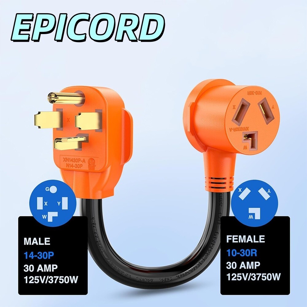 EPICORD 1.5FT 3 Prong to 4 Prong Dryer Adapter NEMA 14-30P Male to 10-30R USA