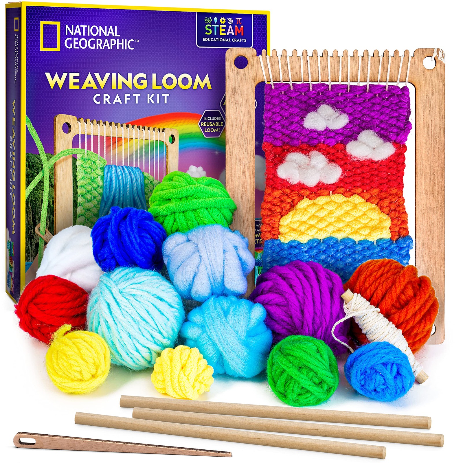 NATIONAL GEOGRAPHIC Wooden Arts and Crafts Loom Weaving Kit - Yarn and 3 Fun ...