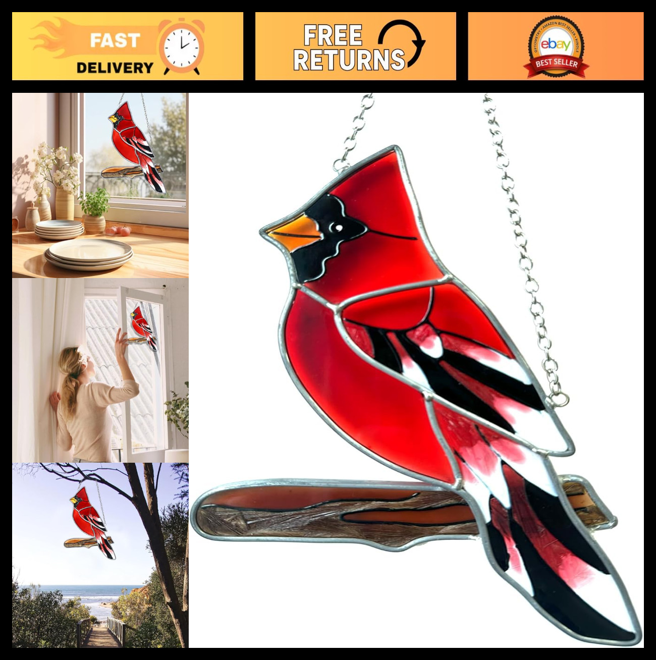 Stained Glass Red Cardinal Suncatcher - Window Hanging Decor for Bird Lovers, Gi