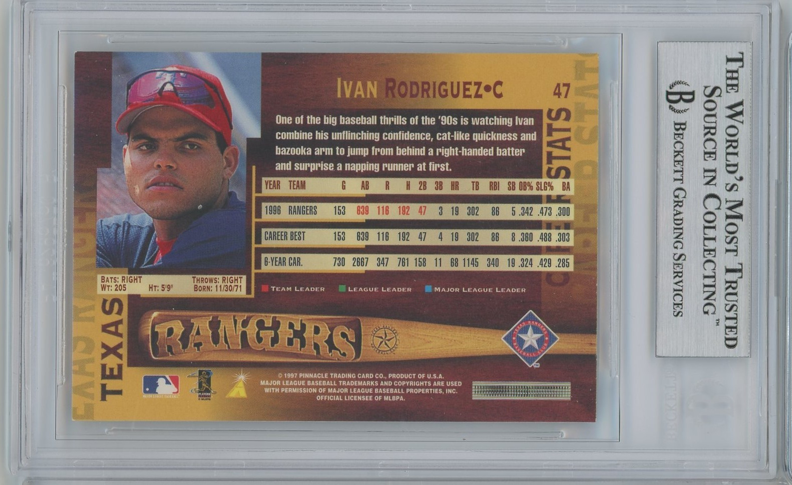 Ivan Rodriguez 1997 Pinnacle #47 SIGNED w BAS authentication - NICE!