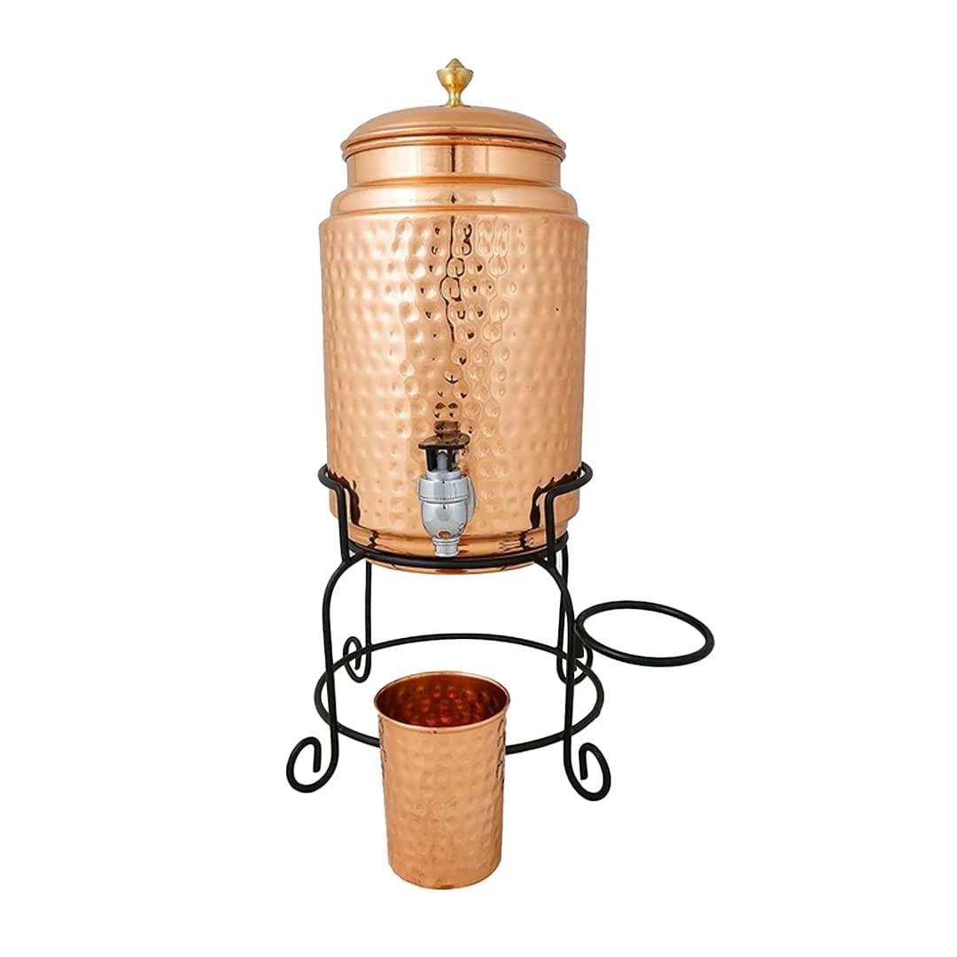 Copper 5 Liter Water Dispenser Container pot with 1 Copper Glass & Stand 5Liters