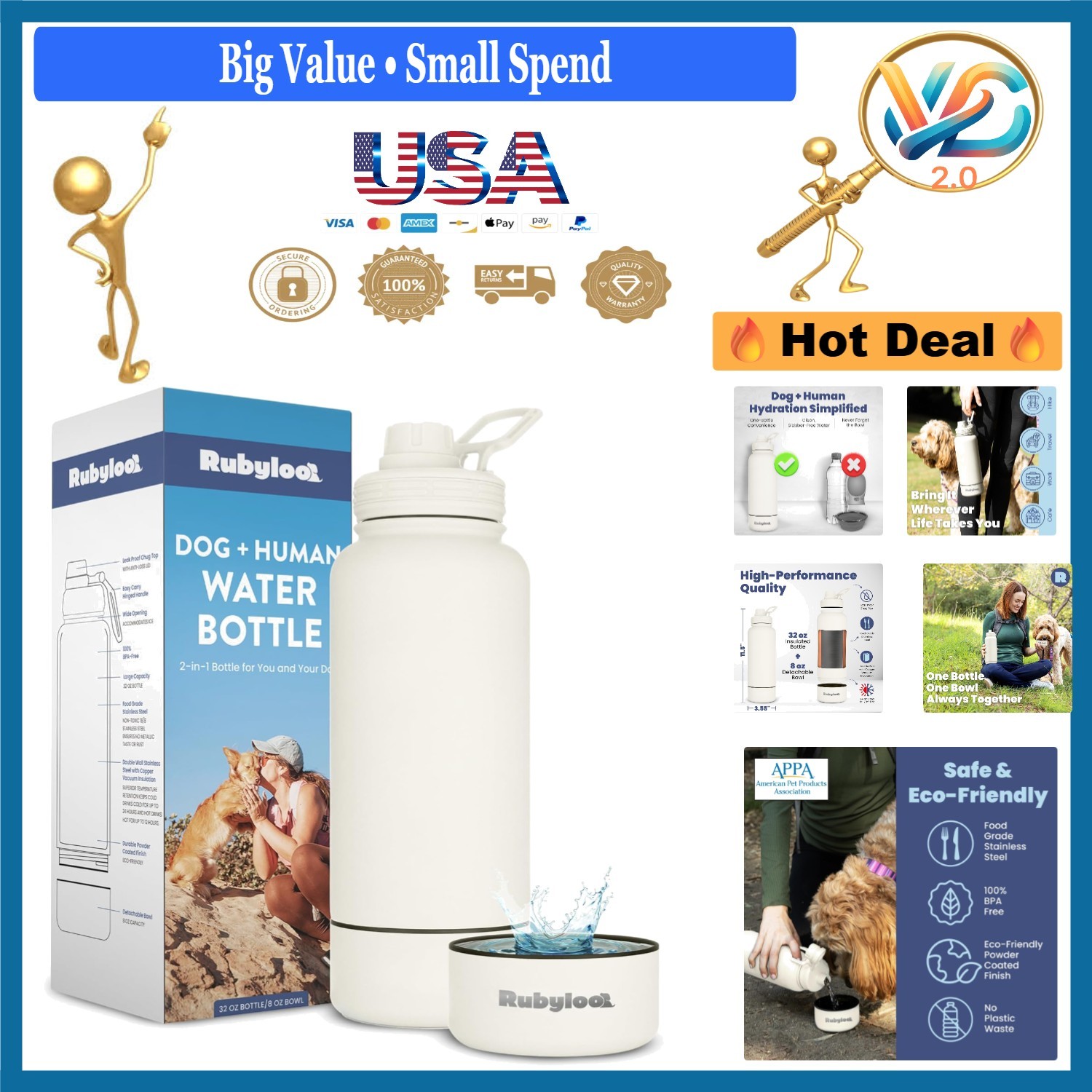 Dog Water Bottle 32oz Stainless Steel Insulated with Detachable Bowl Cream