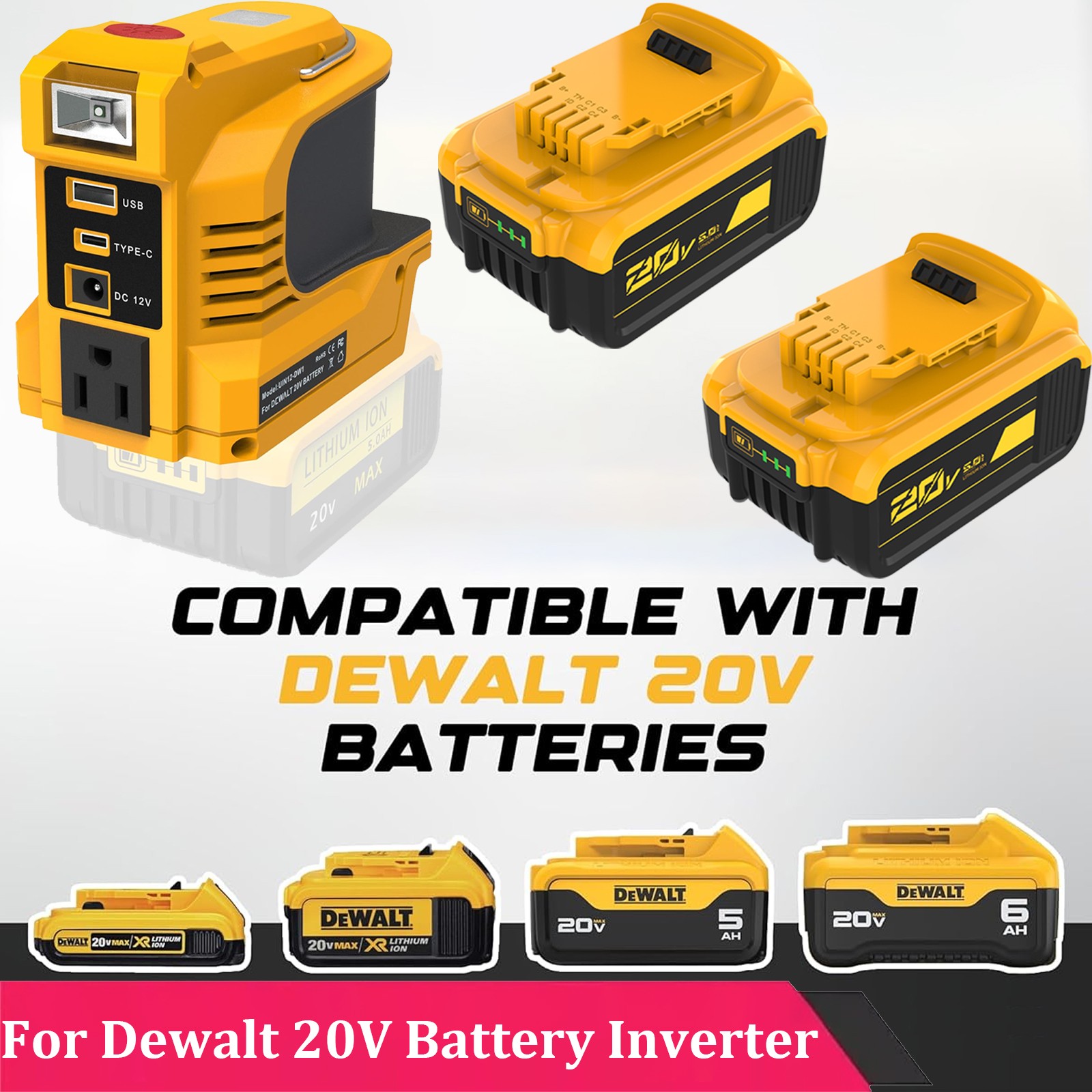 220W Power Inverter for DeWalt 20V 5.0Ah Battery - USB-C PD LED Light AC 110V