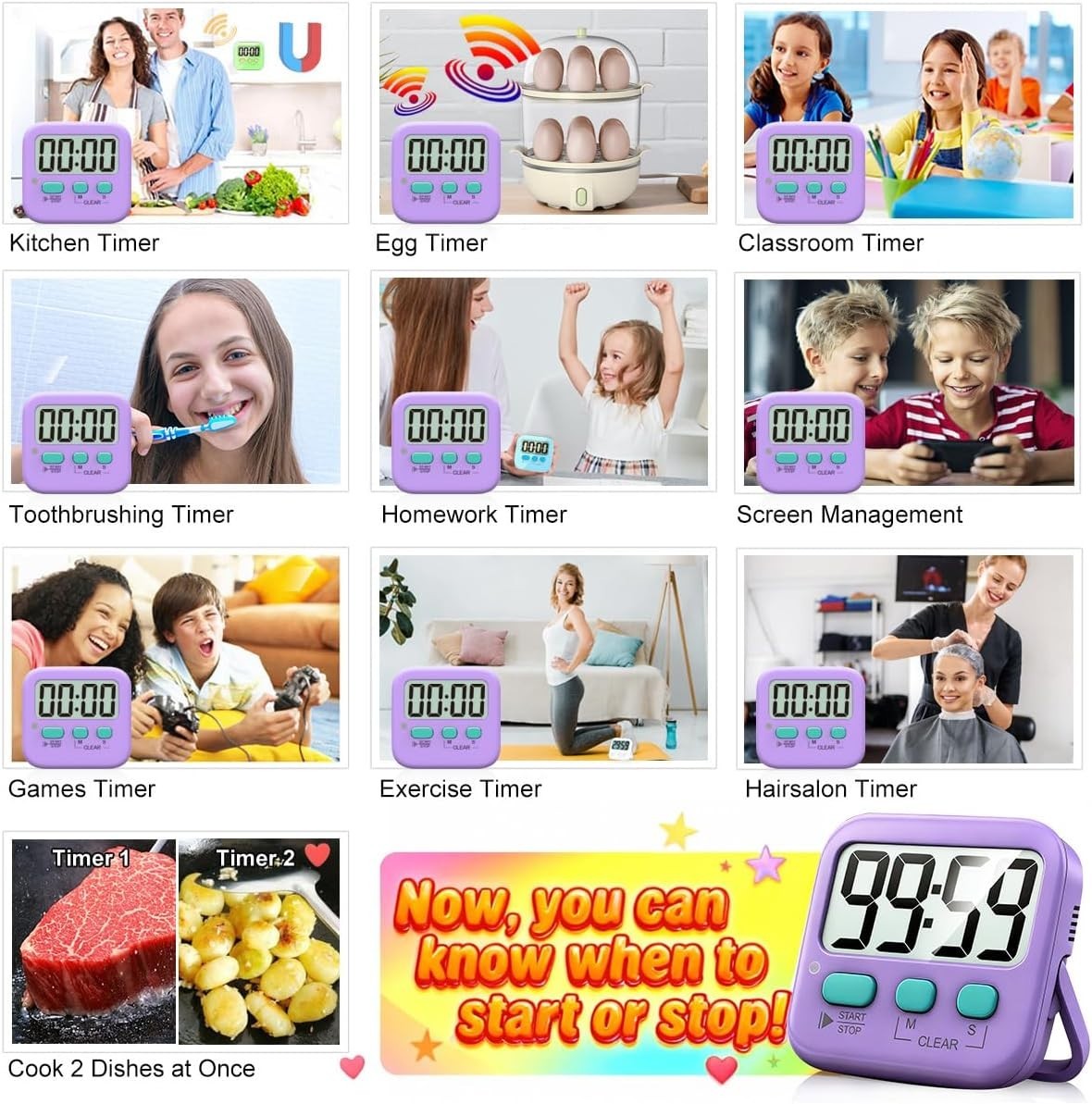 2 Pack Digital Kitchen Timer for Kids - Countdown & Count Up, Loud/Silent Mode