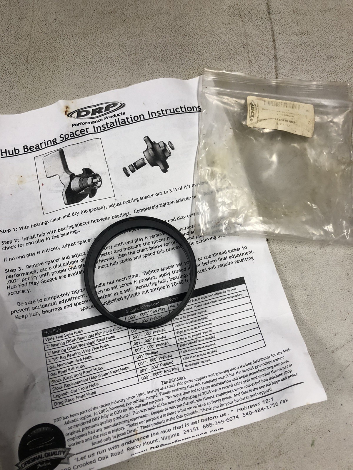 DRP Performance Hub Bearing Spacer 007-10512 Brand New Northeast Dirt Modified
