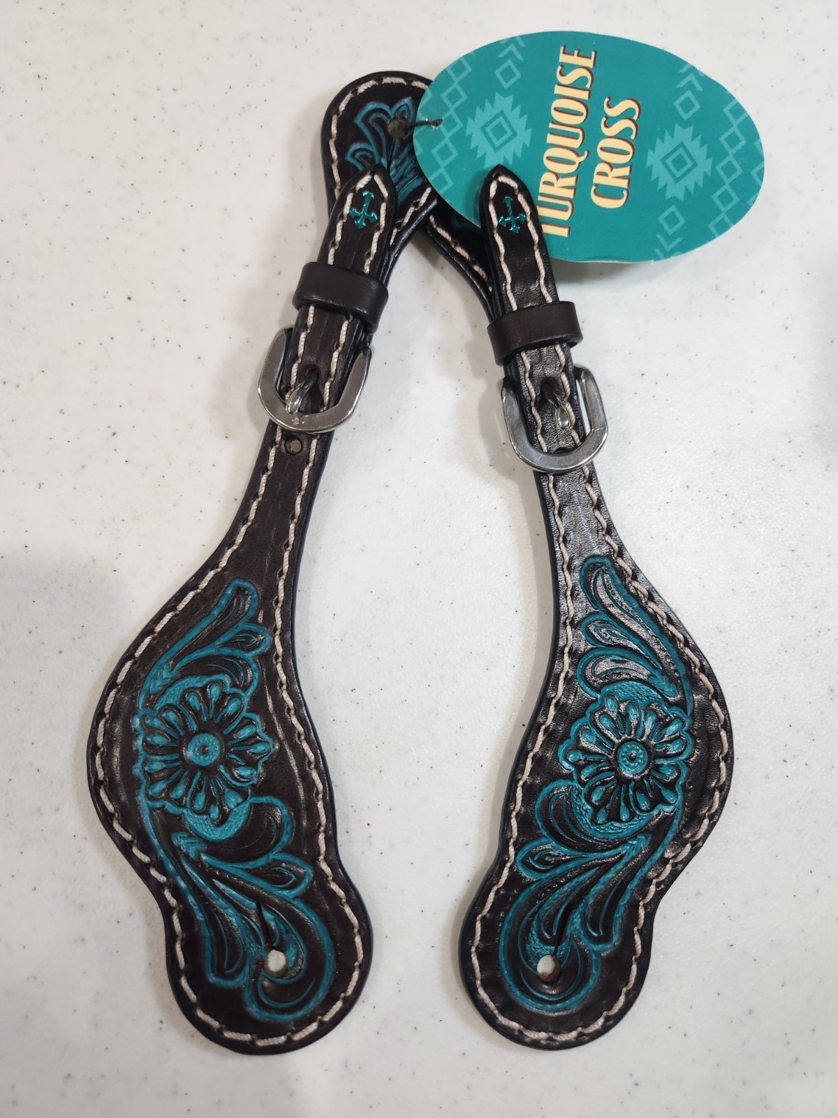 NEW Turquoise Cross Leather Spur Strap Western Floral Carving Women Straps Spur