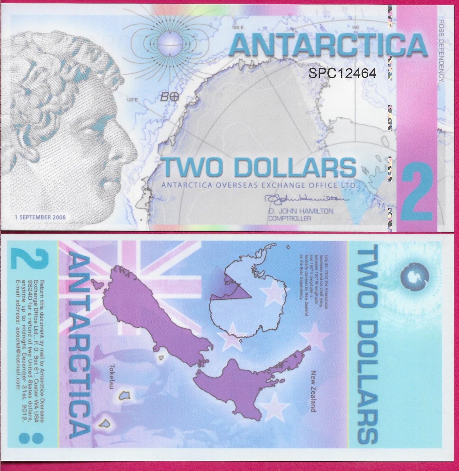 ANTARCTICA 2 DOLLARS 2008 NEW FANTASY NOTE,ROSS DEPENDENCY,SPC,JAMES CLARK ROSS,