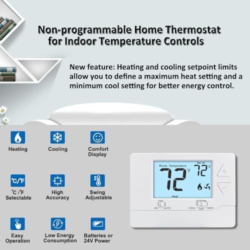 Thermostat for Home Non-Programmable Single-Stage Systems,1 Heat / 1 Cool,Eas...