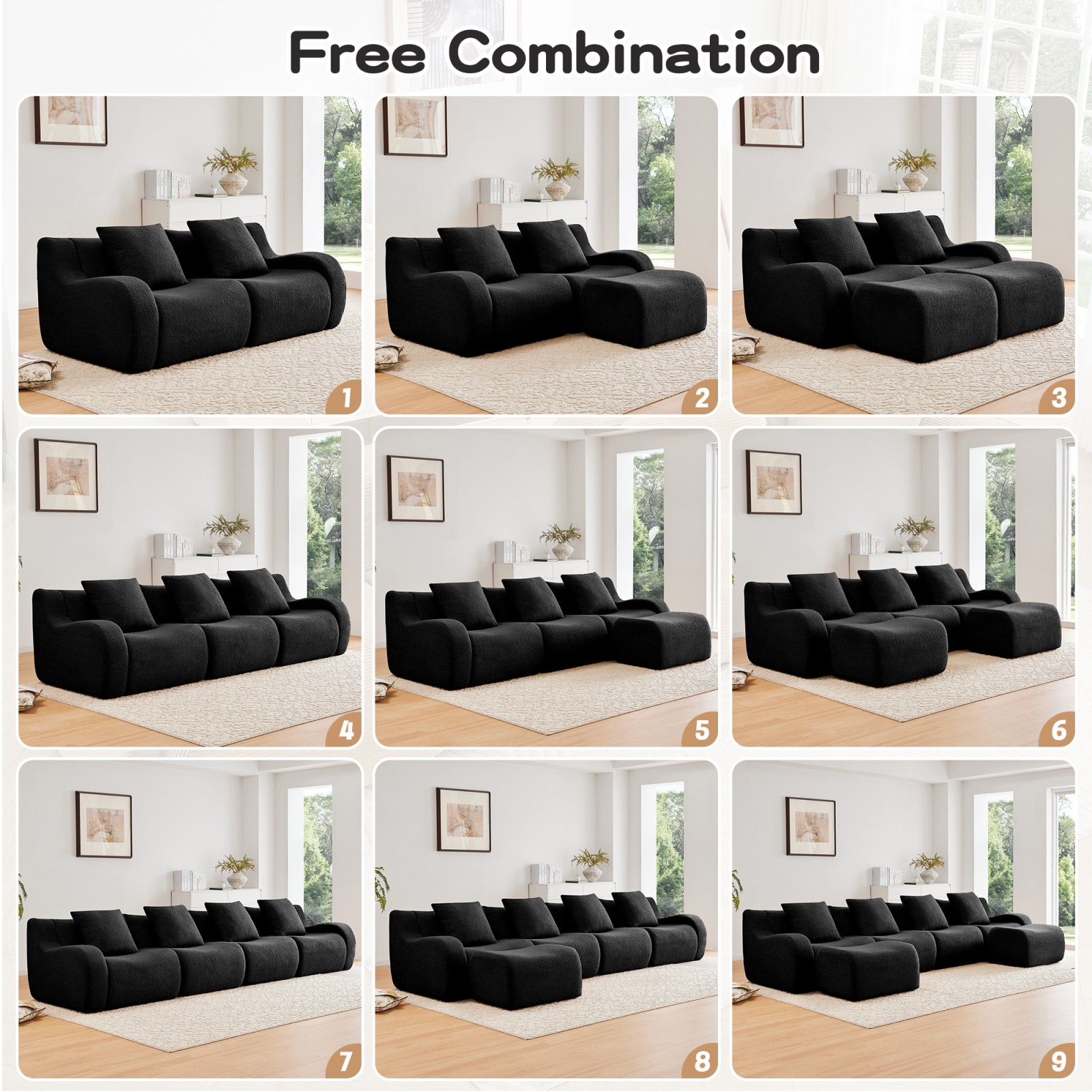 Teddy Fabric Modular Sectional Sofa, 2 Seat, Black, No Assembly