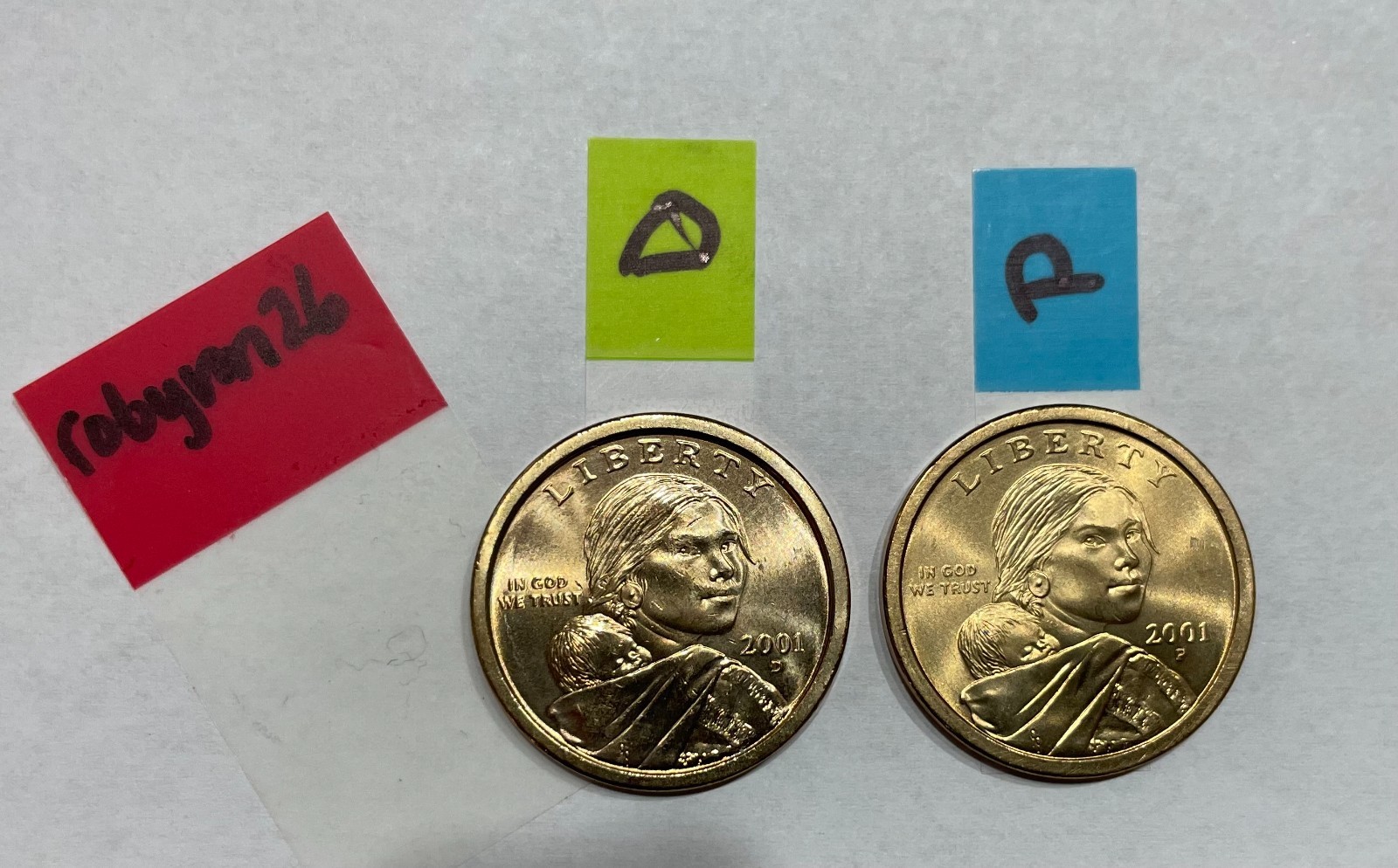 2001 Sacagawea/Native American dollar ($1) two coins, P & D mint