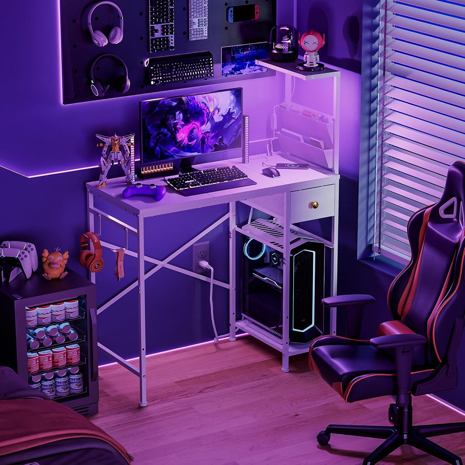 Compact 33.7" Computer Desk with Power Outlets, LED Lights & Storage Hooks