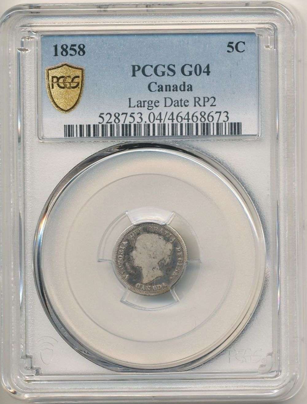 1858 Large Date RP2, Bank Of Canada 5 Cents, 5C, PCGS G04, Victoria