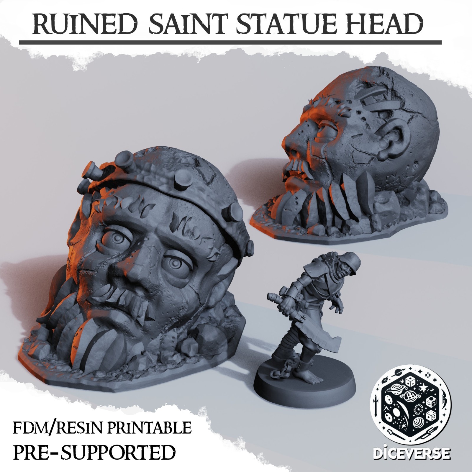 Ruined Saint Statue Head | Wargame Scatter Terrain | 2 piece set | FDM printed